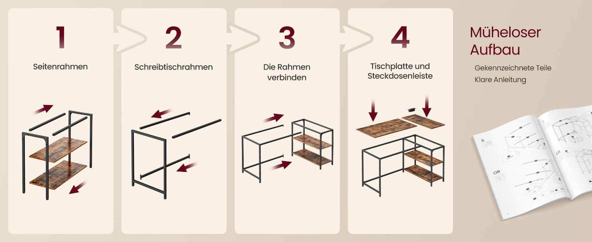 VASAGLE Schreibtisch mit Stauraum, L-Form Computertisch, höhenverstellbare Ablage, Büro, mit Ladestation, 120 x 80 cm, braun