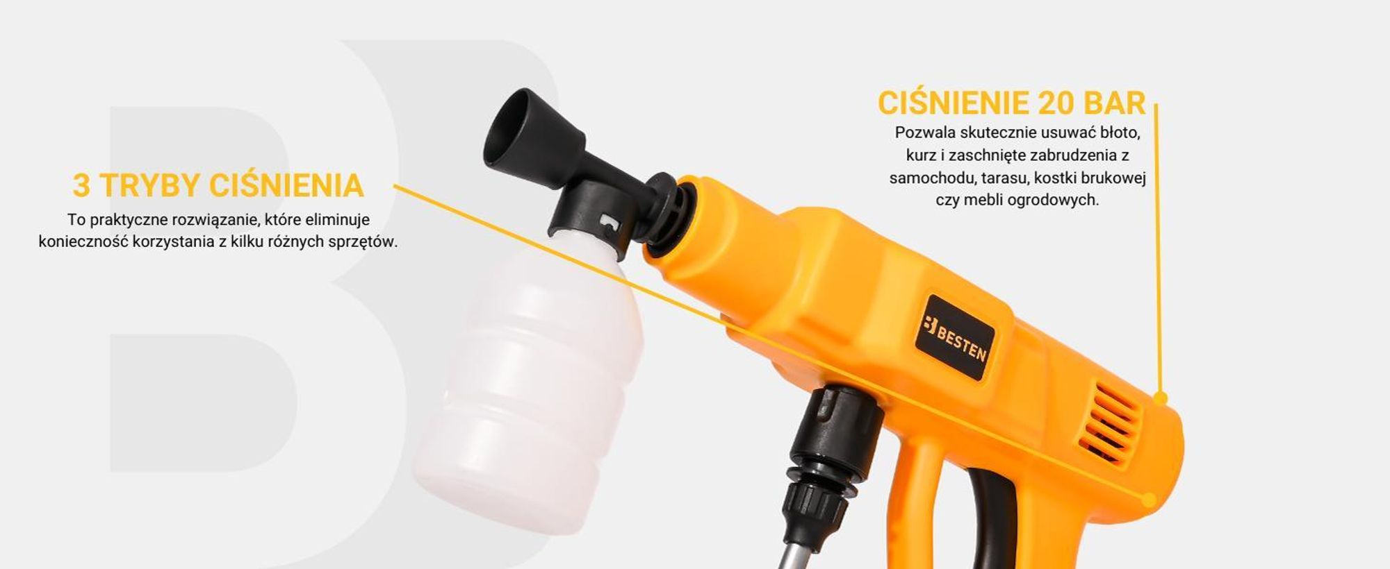 Myjka ciśnieniowa akumulatorowa BESTEN 20V 20 bar 240 l/h 2x4Ah B-PRO dysza 6w1 zasysanie wody