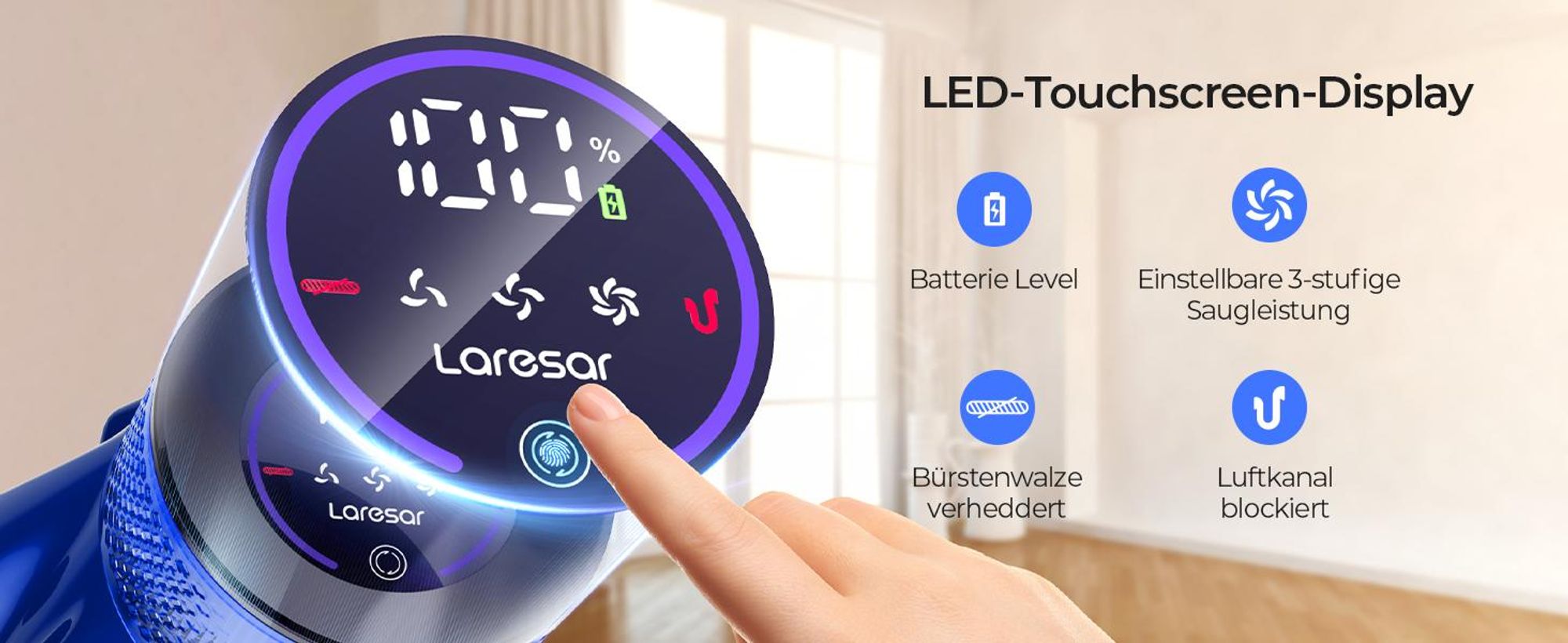 Laresar V7S Akku-Staubsauger – 90 Min. Laufzeit, 75 kPa, 650 W, abnehmbarer Akku, Duftfunktion, hocheffiziente Filtration