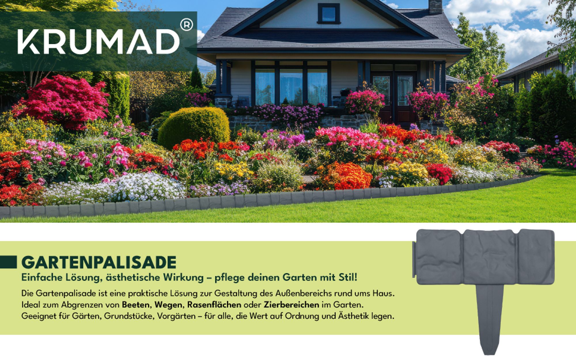 KRUMAD Rasenkante Beeteinfassung Steinoptik 250 cm 10 Stück Anthrazit Flexible Kunststoff Wetterfest Garten
