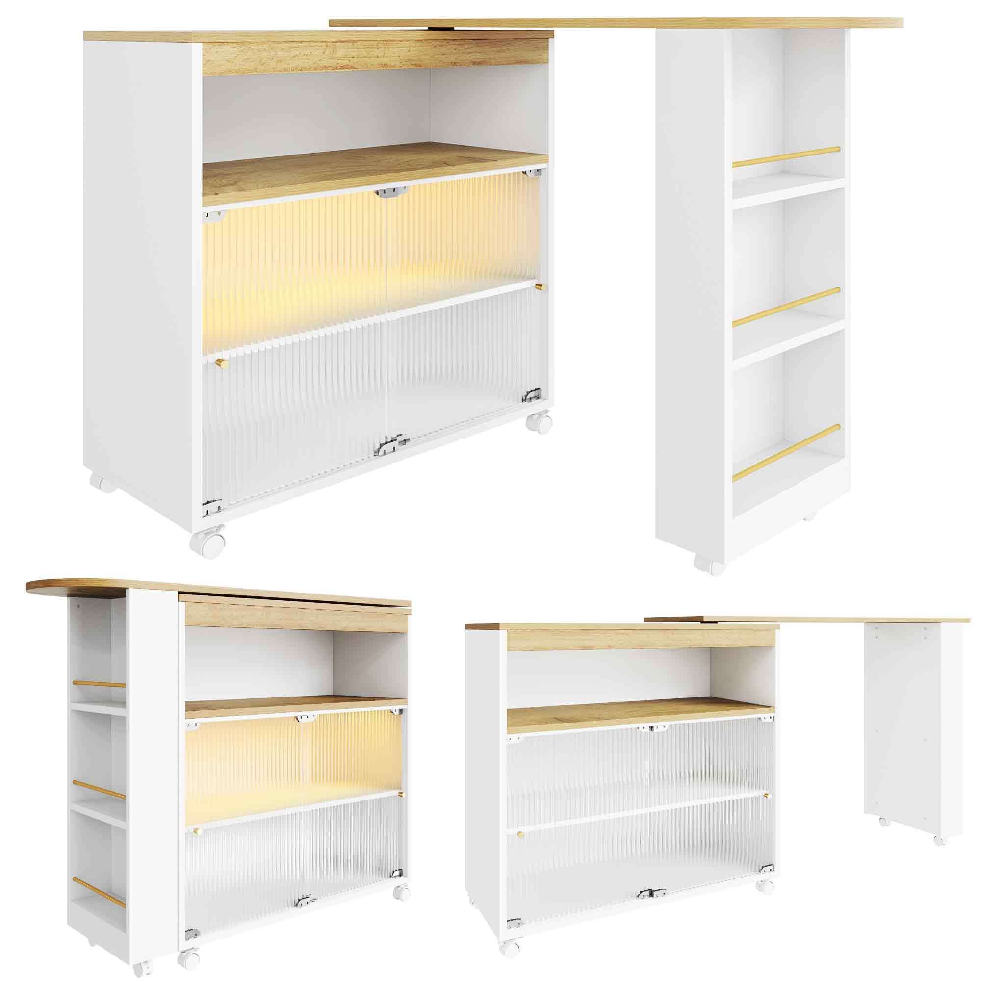 Flieks Ausziehbar Esstische Küchentisch mit Regal und Staufach, Bartisch Stehtisch mit LED, Rechteckig Tisch Kücheninsel 360 ° Drehbar, Weiß