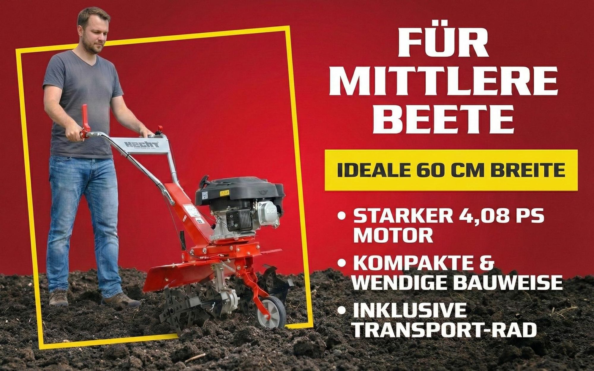 Motorhacke Gartenfräse Benzin HECHT 747 | 60 cm Arbeitsbreite | 25 Arbeitstiefe | 3kW / 4,08PS | 173 cm³ | Führungsrad