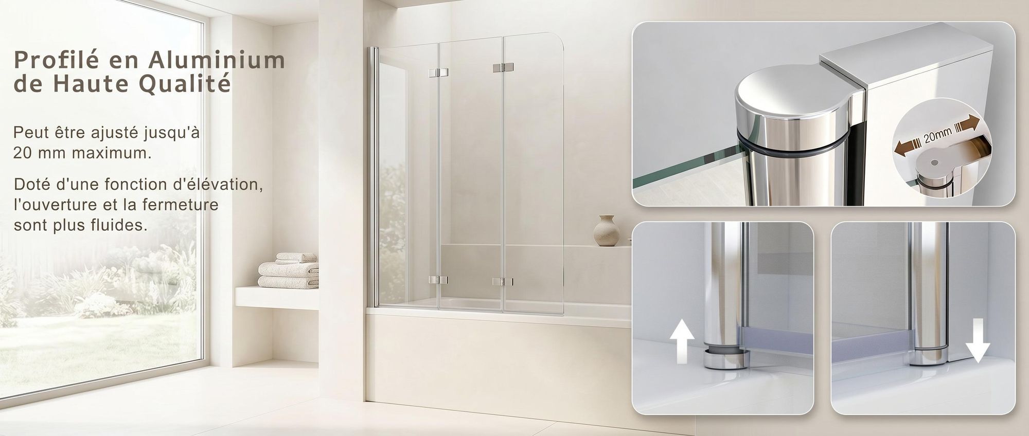 100 x 140 cm Badewannen 3-teilig Faltwand Aufsatz 180° Duschwand Duschabtrennung 6mm Nano Glas MIQU DAY-3D