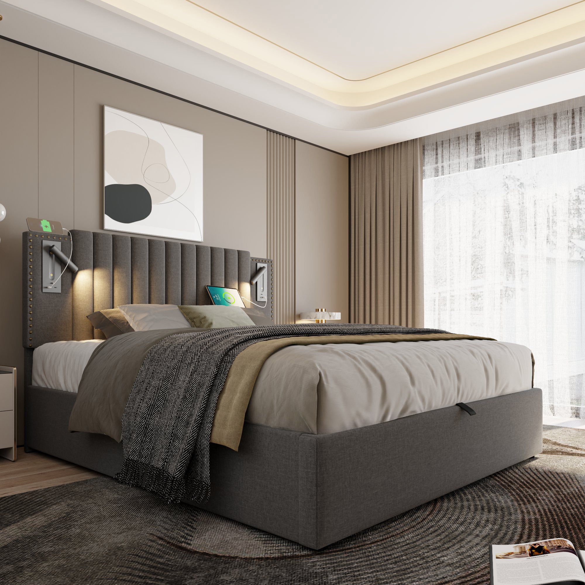 Flieks Polsterbett 140x200cm mit Leselampe, Doppelbett Stauraumbett Boxspringbett mit Ladefunktion (USB, Typ-C), Jugendbett mit Lattenrost, Baumwolle