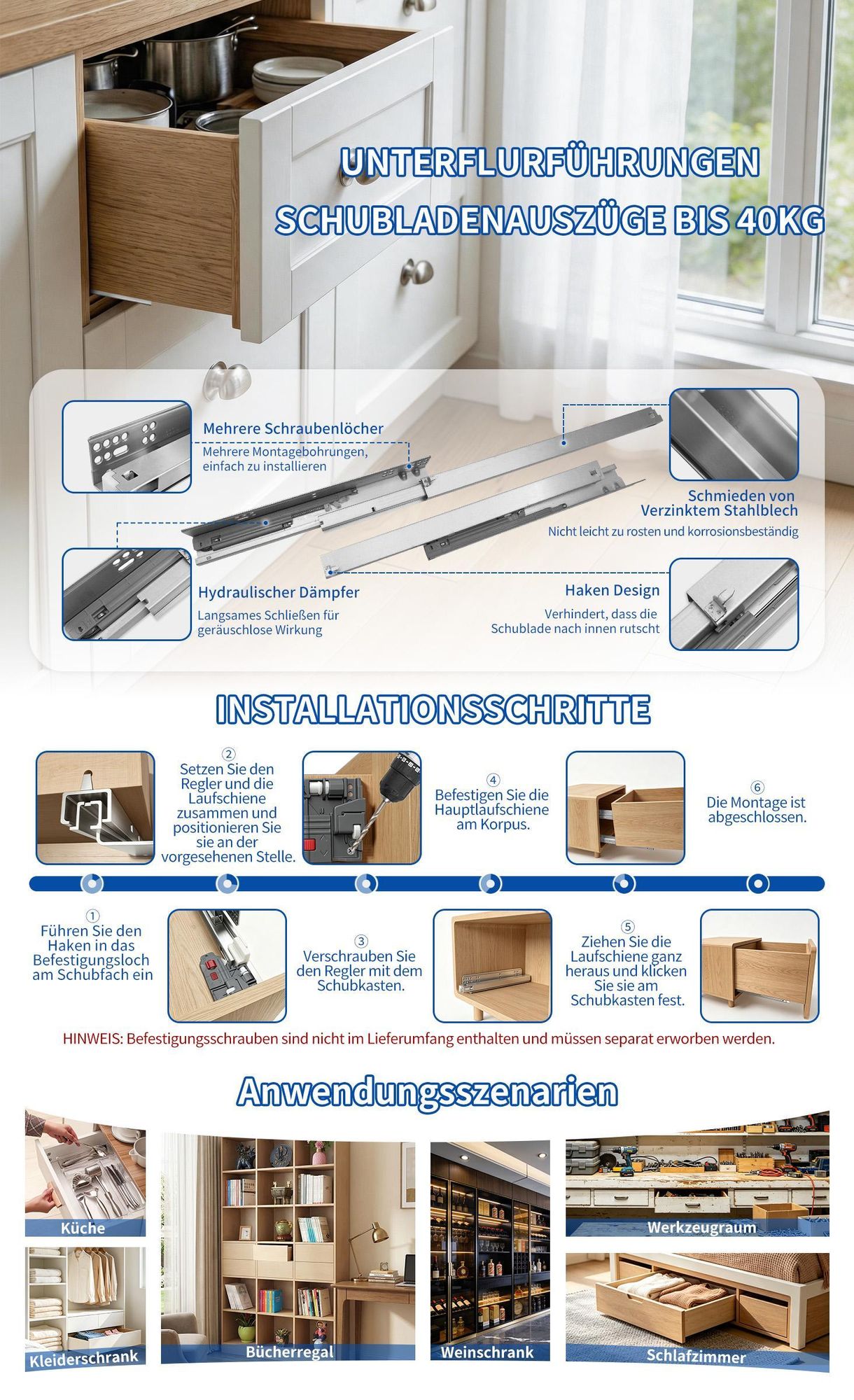 4 Paar Unterflurführungen 350mm mit Soft Close, Vollauszug Schubladenschienen 40kg, Teleskopschienen Bodenmontage mit 3D Verstellung
