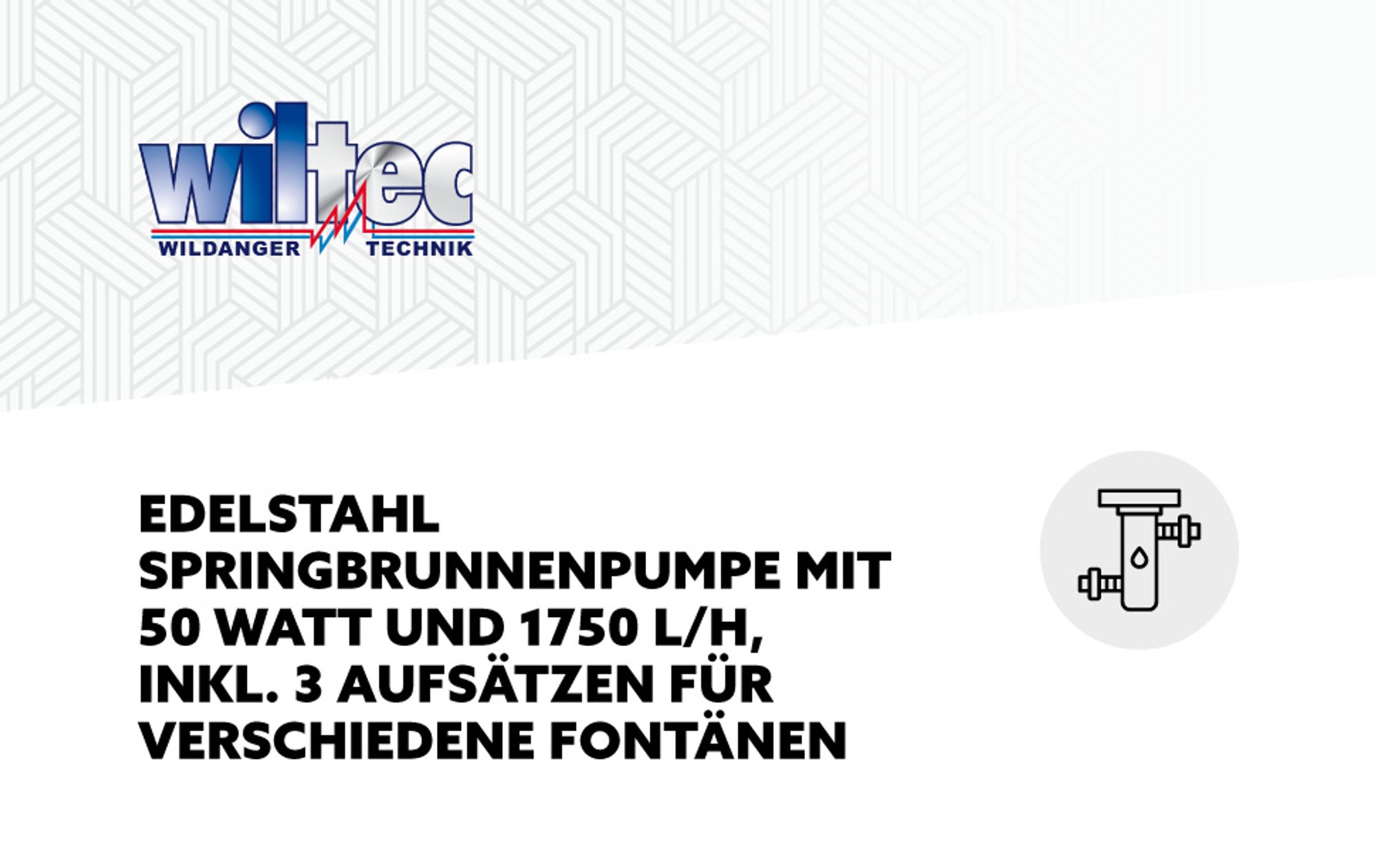 Wiltec Edelstahl Springbrunnenpumpe 50 W 1750 l/h, max. Fontänenhöhe 1,6 m, Teichpumpe inkl. 3 Aufsätze für verschiedene Fontänen, Aquariumpumpe