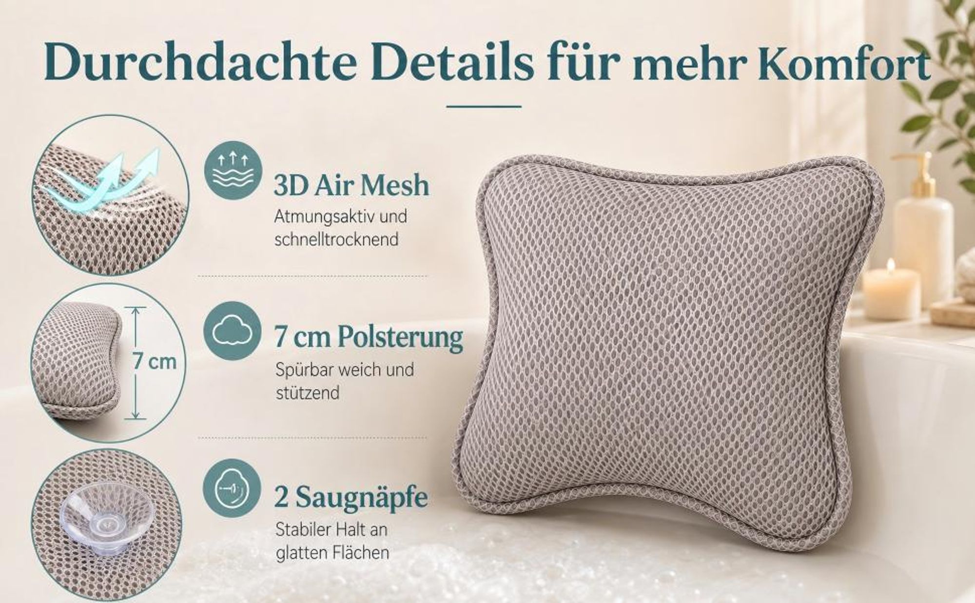 Badewannenkissen, Badekissen, mit 2 Saugnäpfen, Schnelles Trocknen, Einfache Reinigung, aus Memory-Schaum, für Badewanne, Whirlpool & Home Spa