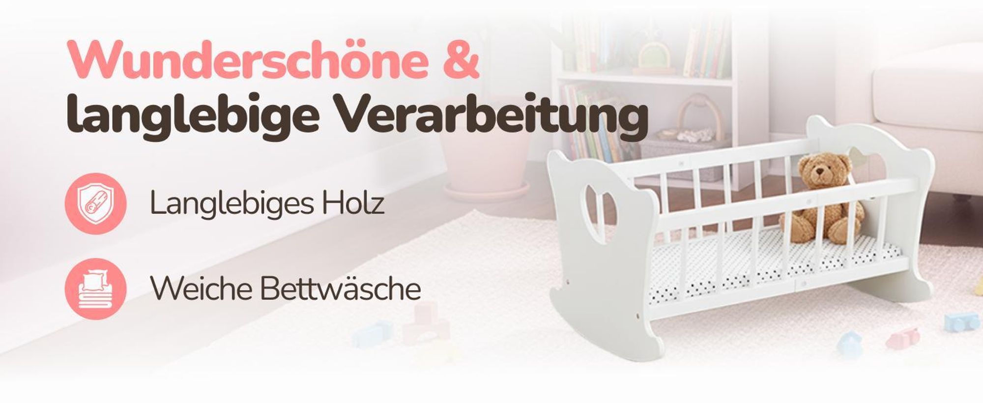 Kinderplay Holz-Puppenwiege mit Bettwäsche – Green Series GS2104 – für Puppen bis 49,5 cm
