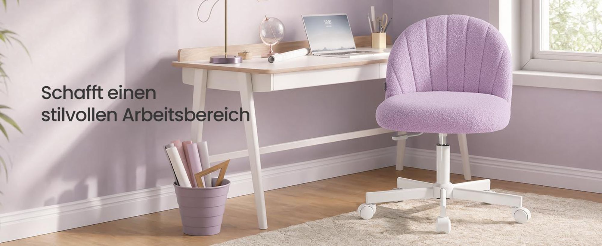 SONGMICS Schminkstuhl, Bürostuhl, Teddy-Fleece-Oberfläche, höhenverstellbar, kompaktes Design, lila