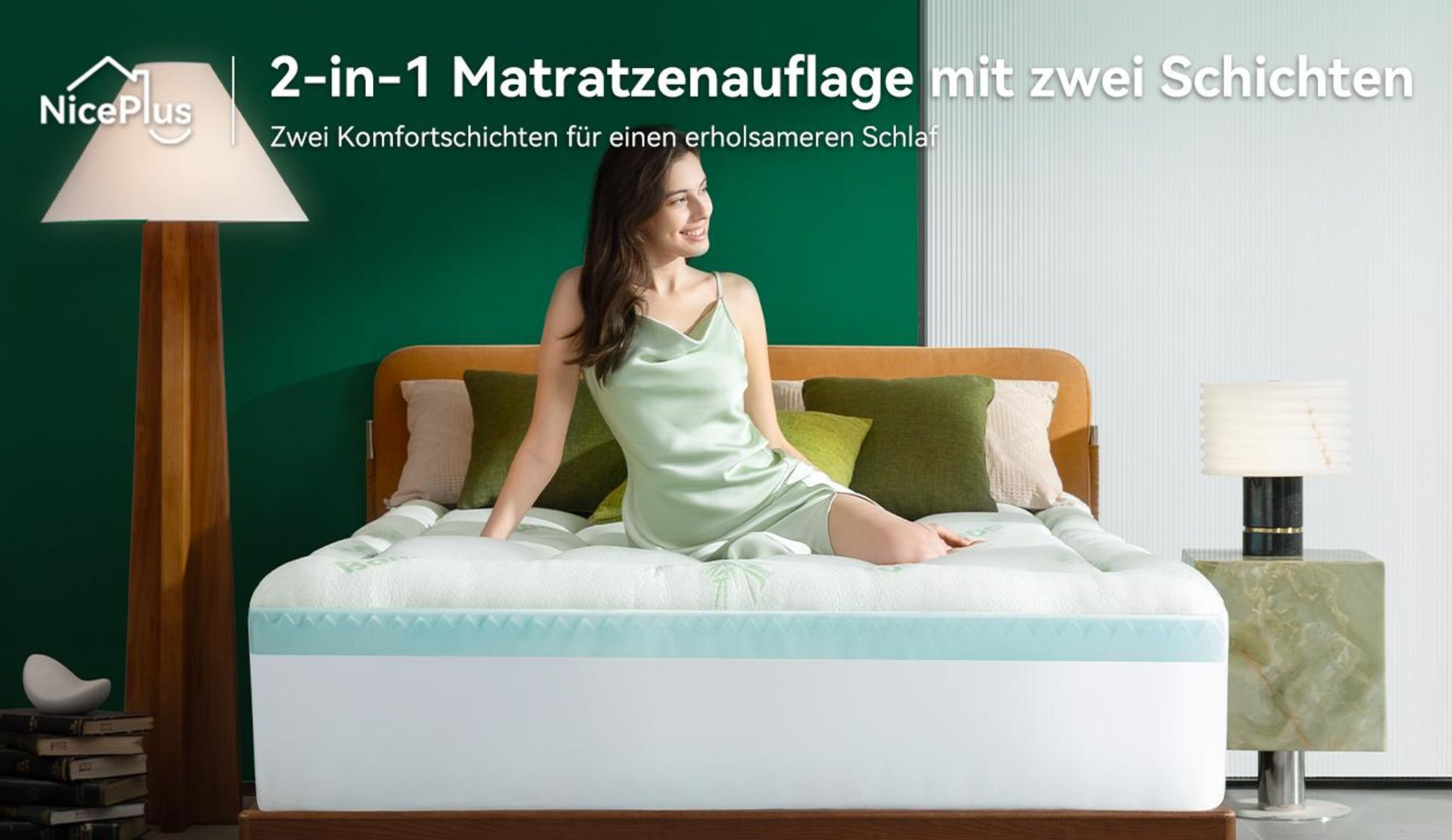 NicePlus 2-in-1 Topper, 90x200X7cm, 5-Zonen Memory Foam + Bambus-Pillow-Top, mit Eckgummis für alle Matratzen, H2/H3, Grün