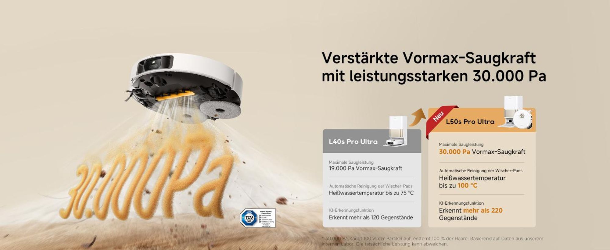 Dreame L50s Pro Ultra Saugroboter mit Wischfunktion,30KPa Saugkraft,100-tägige Selbstreinigung,Hitzereinigung,Eckreinigung und Entwirrungsbürste,Weiß