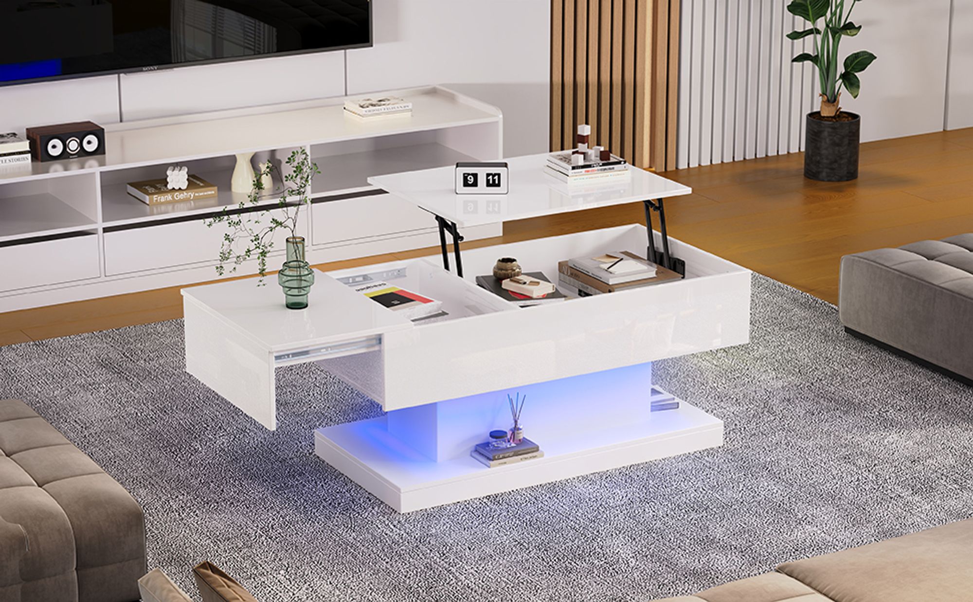 MODFU Couchtisch Wohnzimmertisch LED für Wohnzimmer, Schlafzimmer, Hochglanz-Lift-Teetisch Beistelltisch- hydraulischer Lift und Stauraum, Weiß