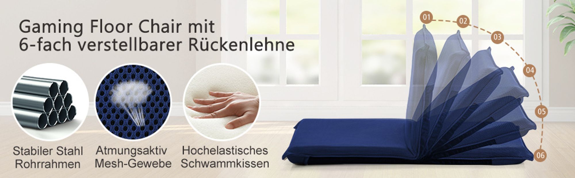 Bodenstuhl klappbar mit 6 Einstellbarer Rückenlehne, Bodensessel mit Liegefunktion, Lehnstuhl gepolstert (schwarz)
