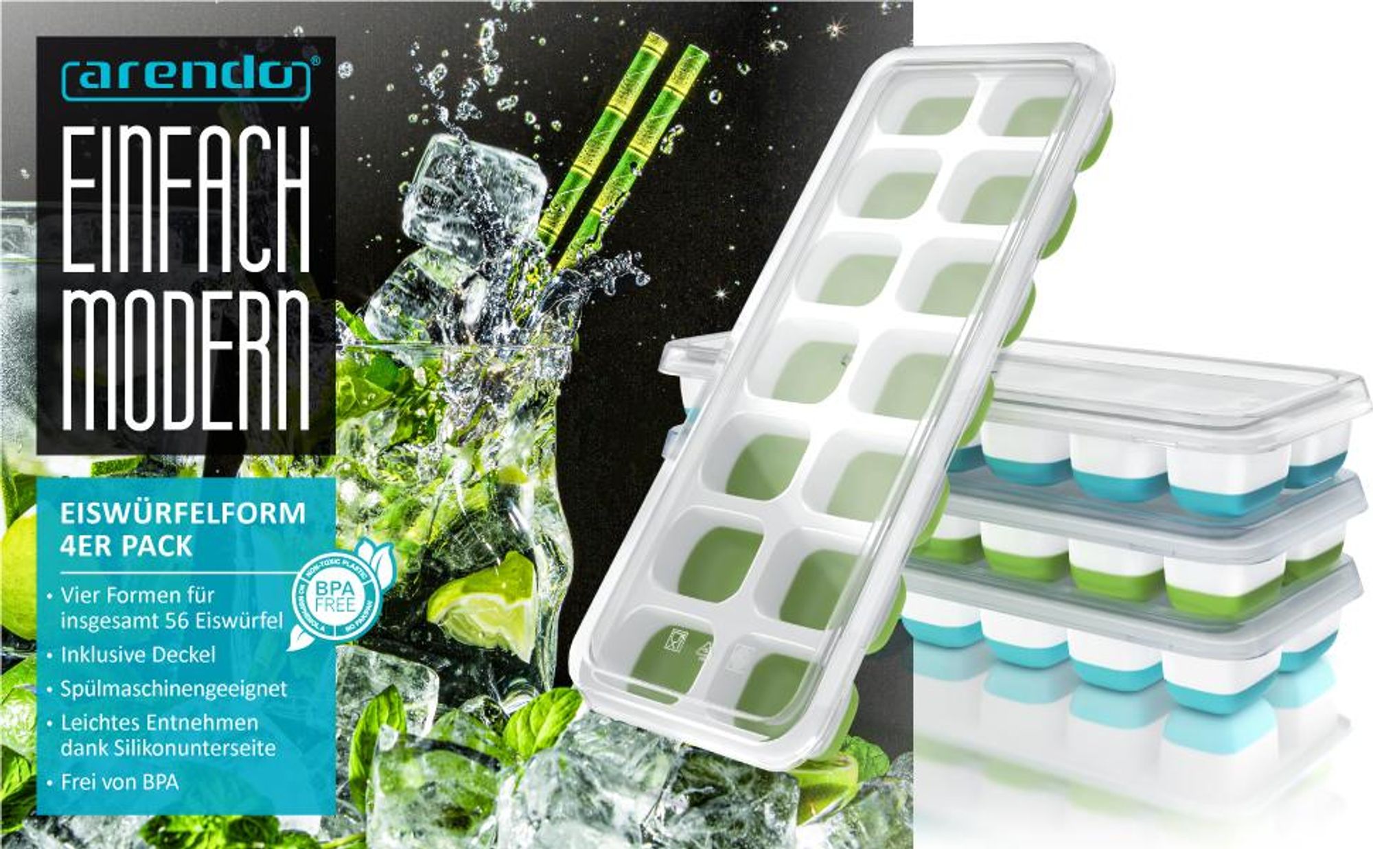 Arendo Eiswürfelformen 250ml - 14 Eiswürfel Fächer - 4er Set Eiswürfelbereiter mit Deckel – spülmaschinengeeignet – stapelbar - Silikon BPA-frei