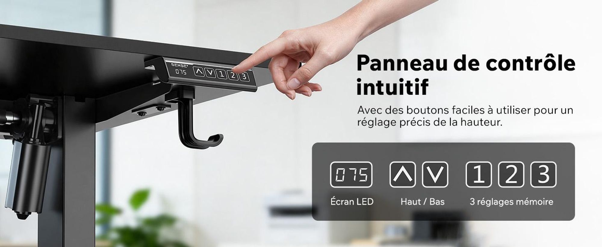 SENSE7 NOJO Light : piètement de bureau électrique réglable en hauteur | 72-118 cm, fonction mémoire, support pour casque, charge max. 70 kg, piètement en acier