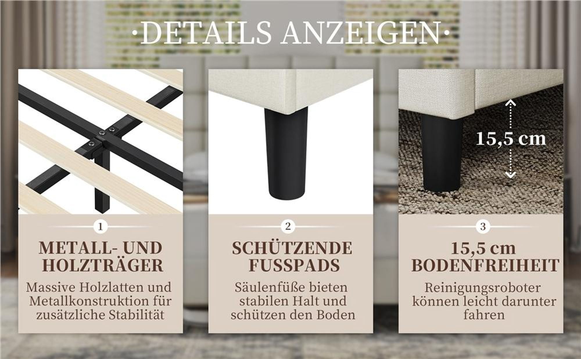 Yaheetech Polsterbett 160 x 200 cm, Doppelbett mit höhenverstellbarem Kopfteil, Bettrahmen Bettgestell mit Lattenrost, Beige