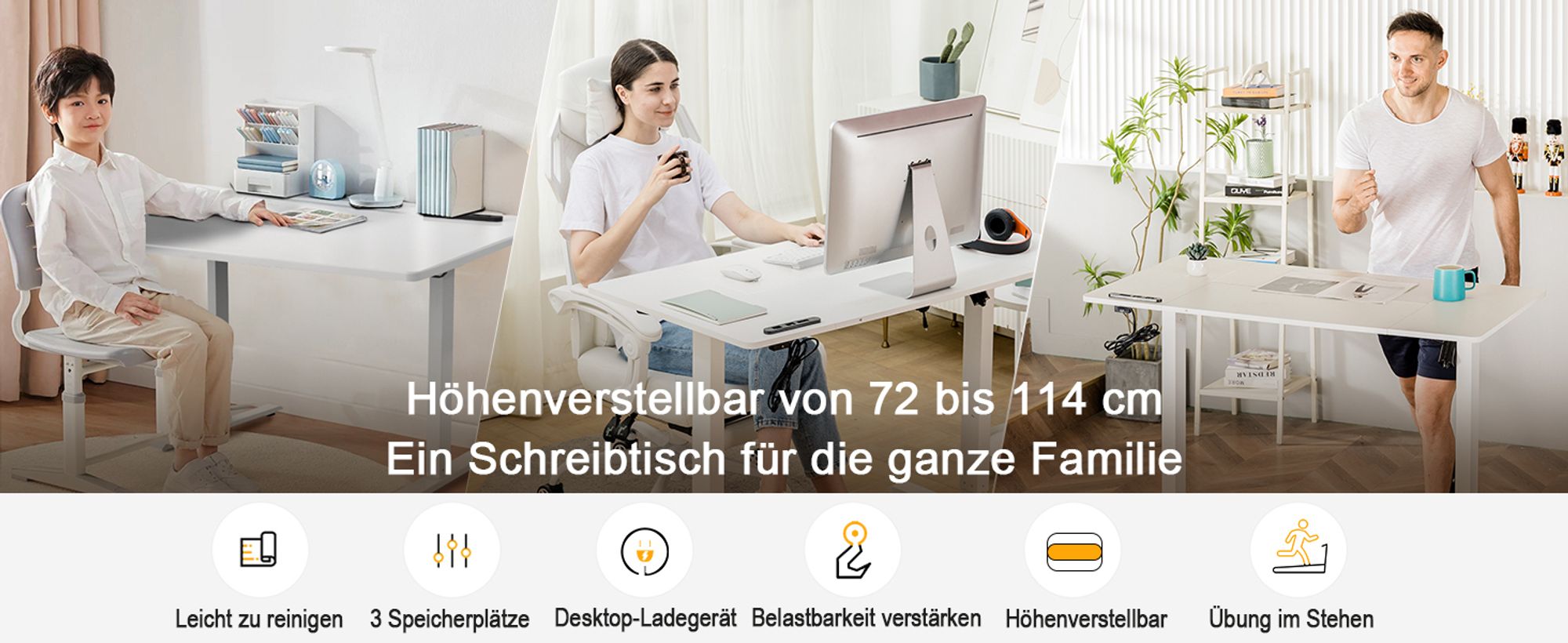 COMHOMA Schreibtisch Höhenverstellbarer Computertisch elektrisch, stufenlos, mit Steckdose und Haken