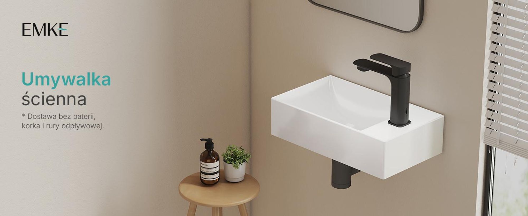 EMKE Umywalka wisząca ceramiczna prostokątna 380x220mm biały połysk Oszczędzająca miejsce umywalka do WC dla gości i małej łazienki