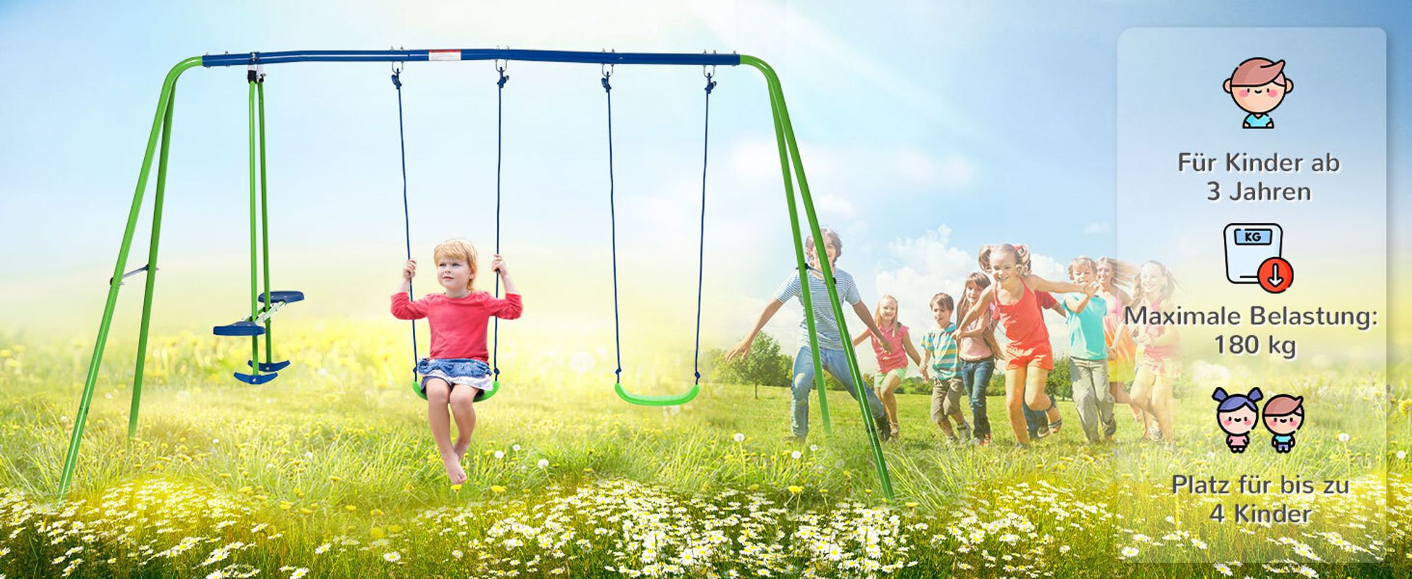 Outsunny Schaukelgestell, Outdoor-Schaukelgerüst mit 2 Schaukeln, 1 Wippe, Grün