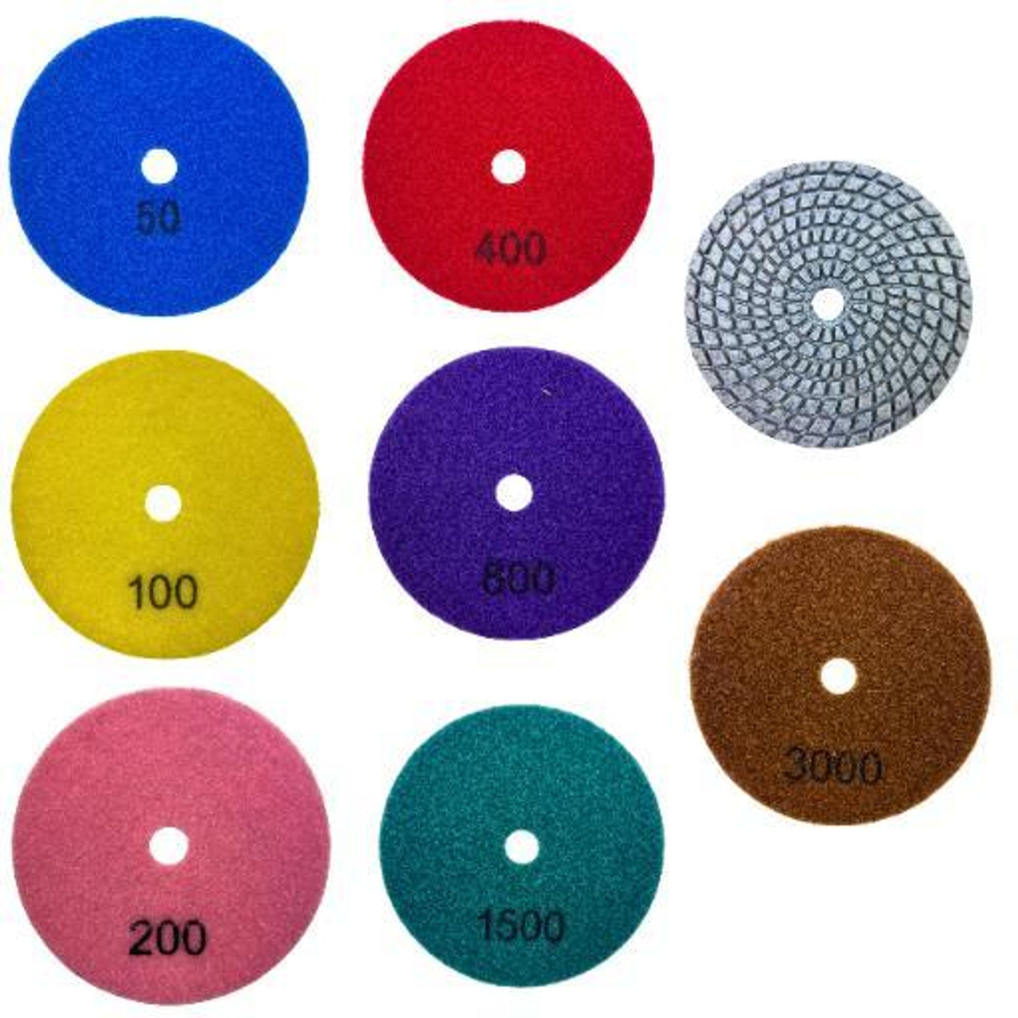 Diamantpolierscheiben 100mm (#50 #100 #200 #400 #800 #1500 #3000), GRES Fliesenschleifset, 8 Stück + e Handschuhe