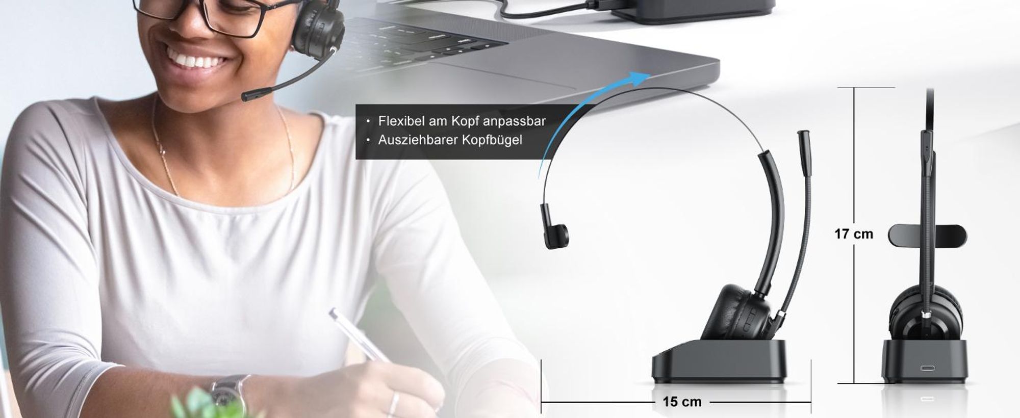 CSL Bluetooth Headset 5.3 mit Ladestation, Verstellbarer Kopfbügel und Maße der Ladestation
