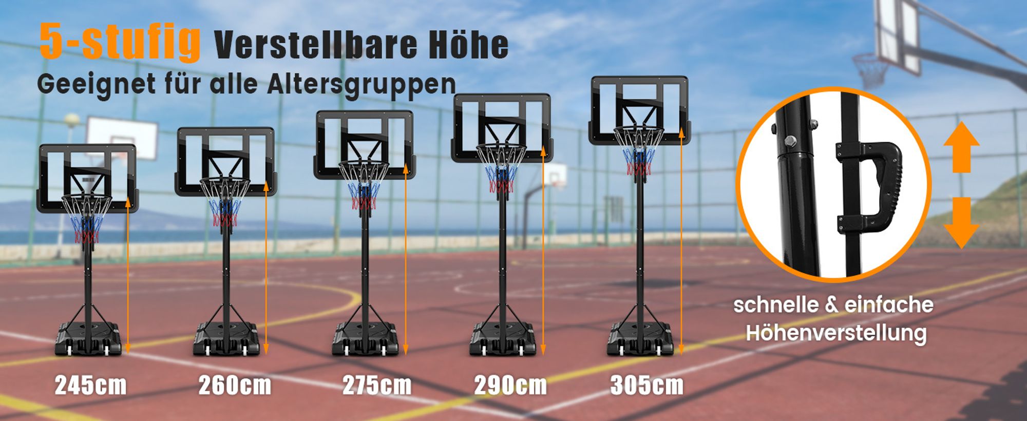 COSTWAY Basketballkorb, Basketballständer 245-305cm höhenverstellbar, Basketballkorb mit Ständer, 2 Rädern & Gewichtssack, Mobile Basketballanlage