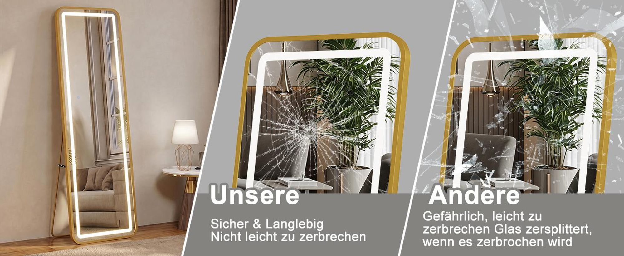 INONEFT Ganzkörperspiegel mit Beleuchtung 150x40 cm, Aluminiumrahmen, Spiegel Groß Dimmbar & 3000-6500K, Verstärktes Glas, Standspiegel, Goldene
