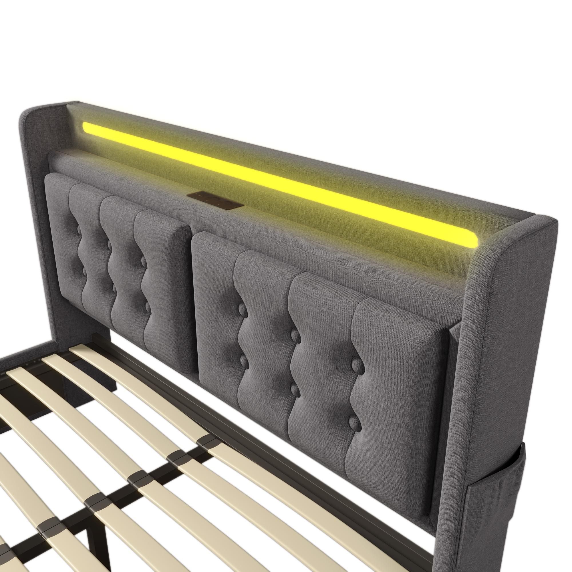 Flieks Polsterbett 180x200cm mit Ladefunktion, Doppelbett Jugendbett mit LED, Hydraulisches Stauraumbett Boxspringbett mit Lattenrost, Baumwolle, Grau