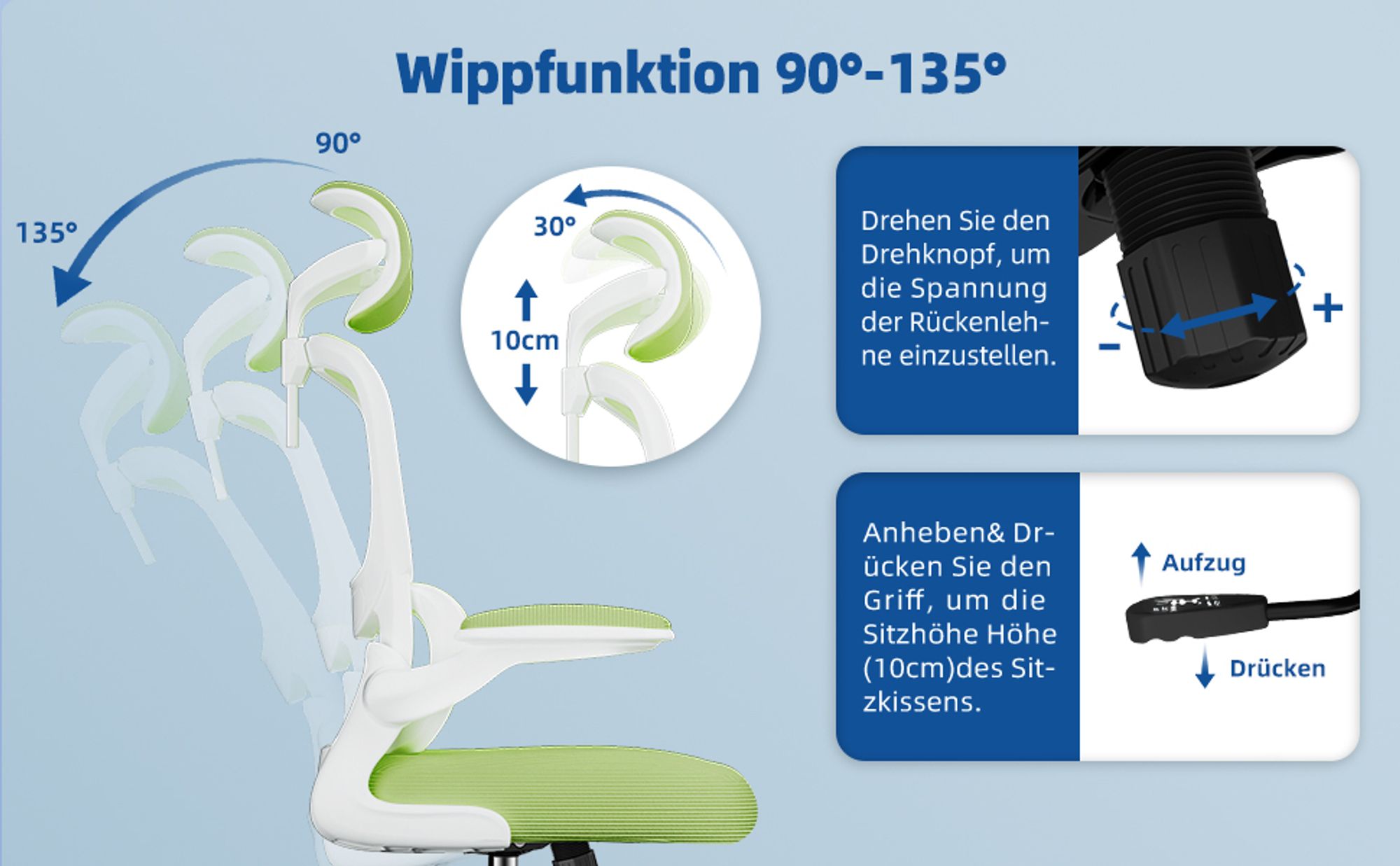Aiibot Bürostuhl Ergonomisch Schreibtischstuhl Verstellbarer Kopfstütze Umklappbare Armlehnen Lordosenstütze Drehstuhl Chefsessel Wippfunktion 150kg