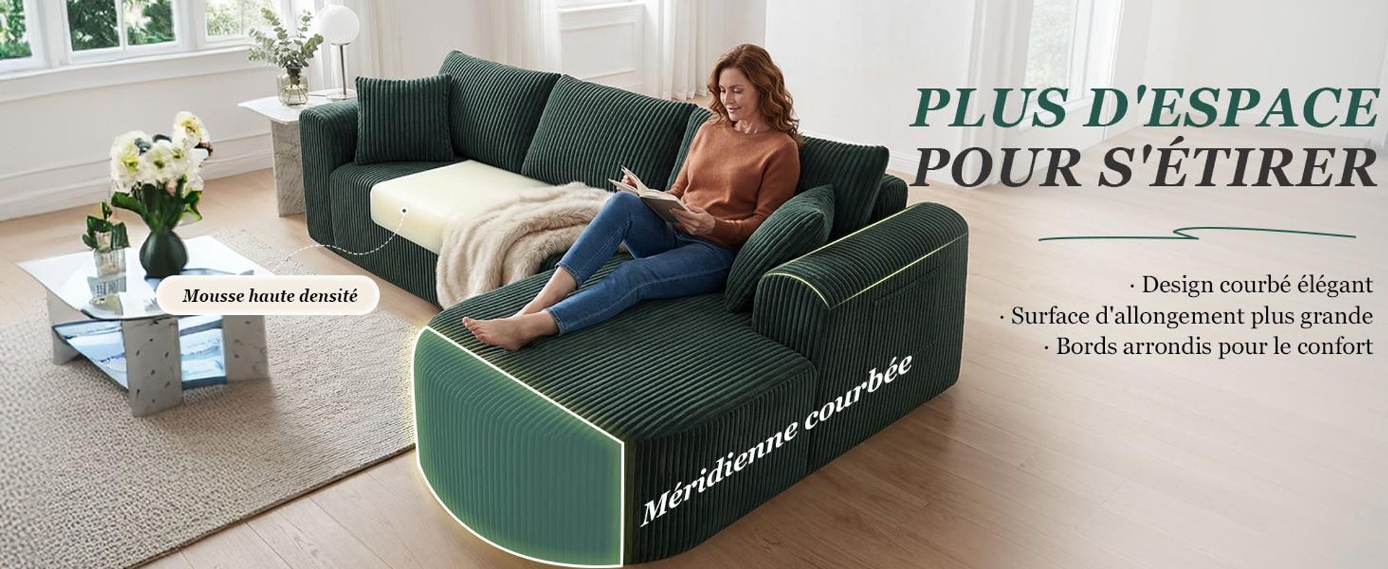 Canapé d'angle COMHOMA avec fonction convertible, 263 cm, en velours, modulaire, sans structure visible, avec chaise longue, canapé d'angle convertible, canapés modulaires avec coussins et poche latérale