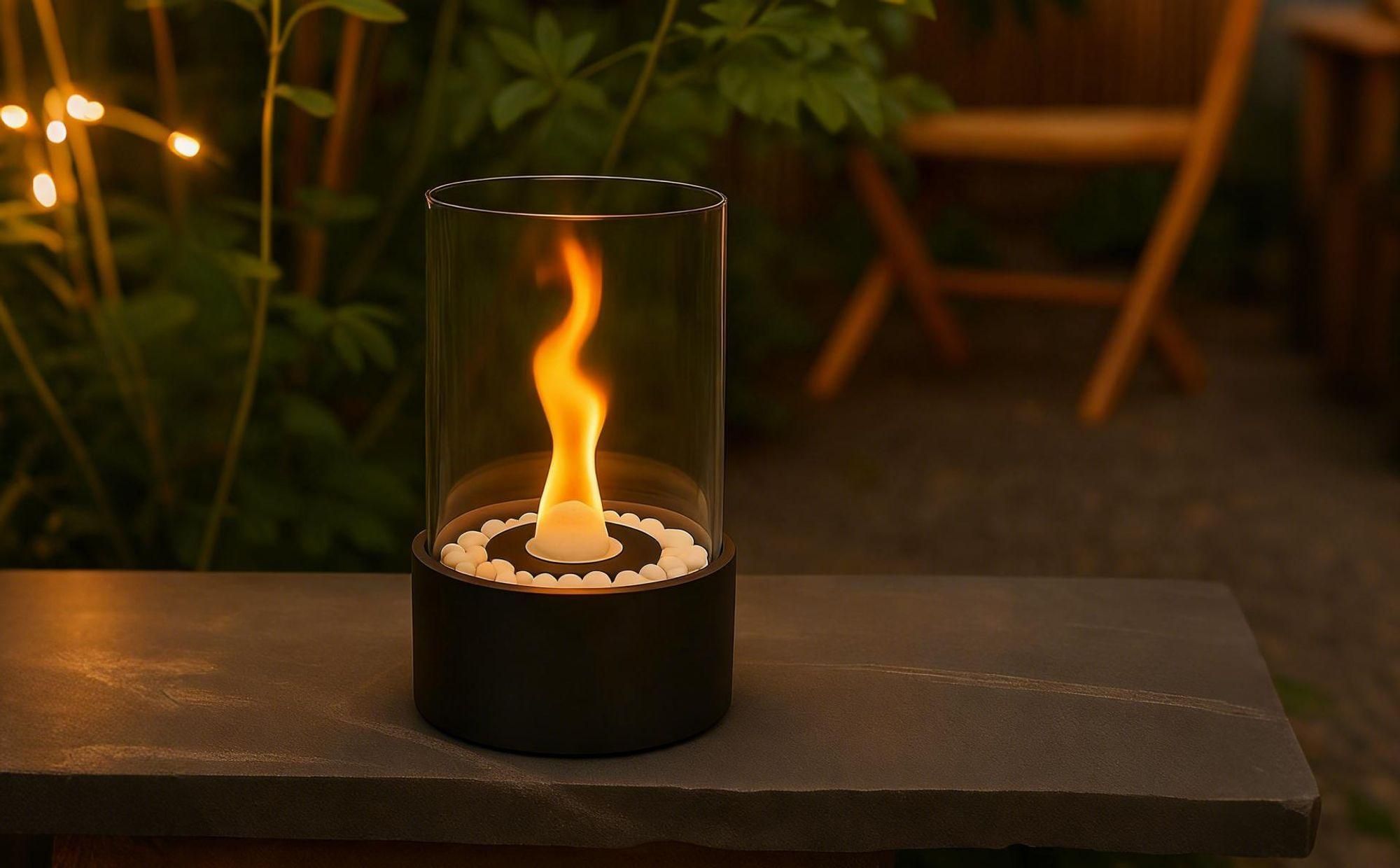 ZMH Camino da tavolo etanolo Fuoco da tavolo a bioetanolo in acciaio inox rotondo per interni all'aperto in vetro nero Camino per soggiorno balcone senza fumo e inodore