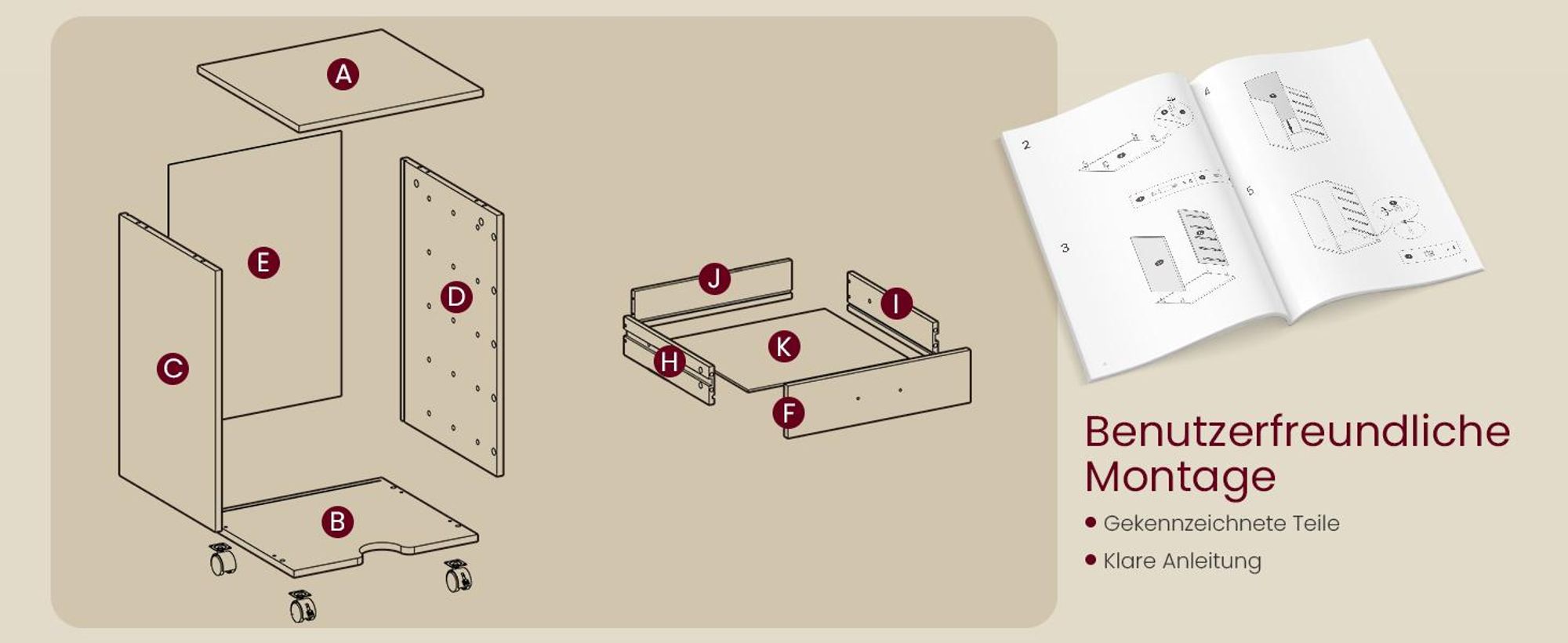VASAGLE Rollcontainer, mobiler Aktenschrank, Schubladenschrank, Druckerständer, mit schraubenlosen Gleitschienen