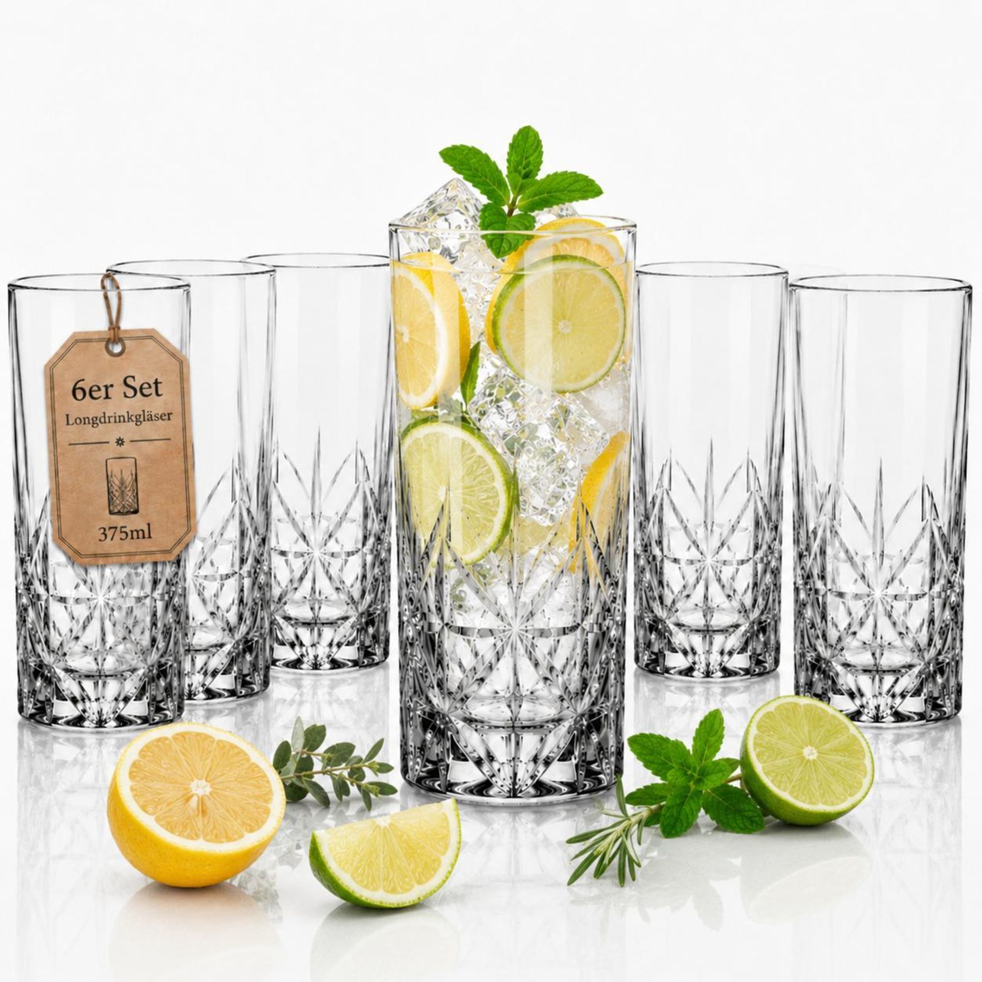 6er Set Longdrinkgläser 375 ml mit edler Schliffoptik Wassergläser Cocktailgläser Saftgläser für Softdrinks Latte Macchiato spülmaschinengeeignet