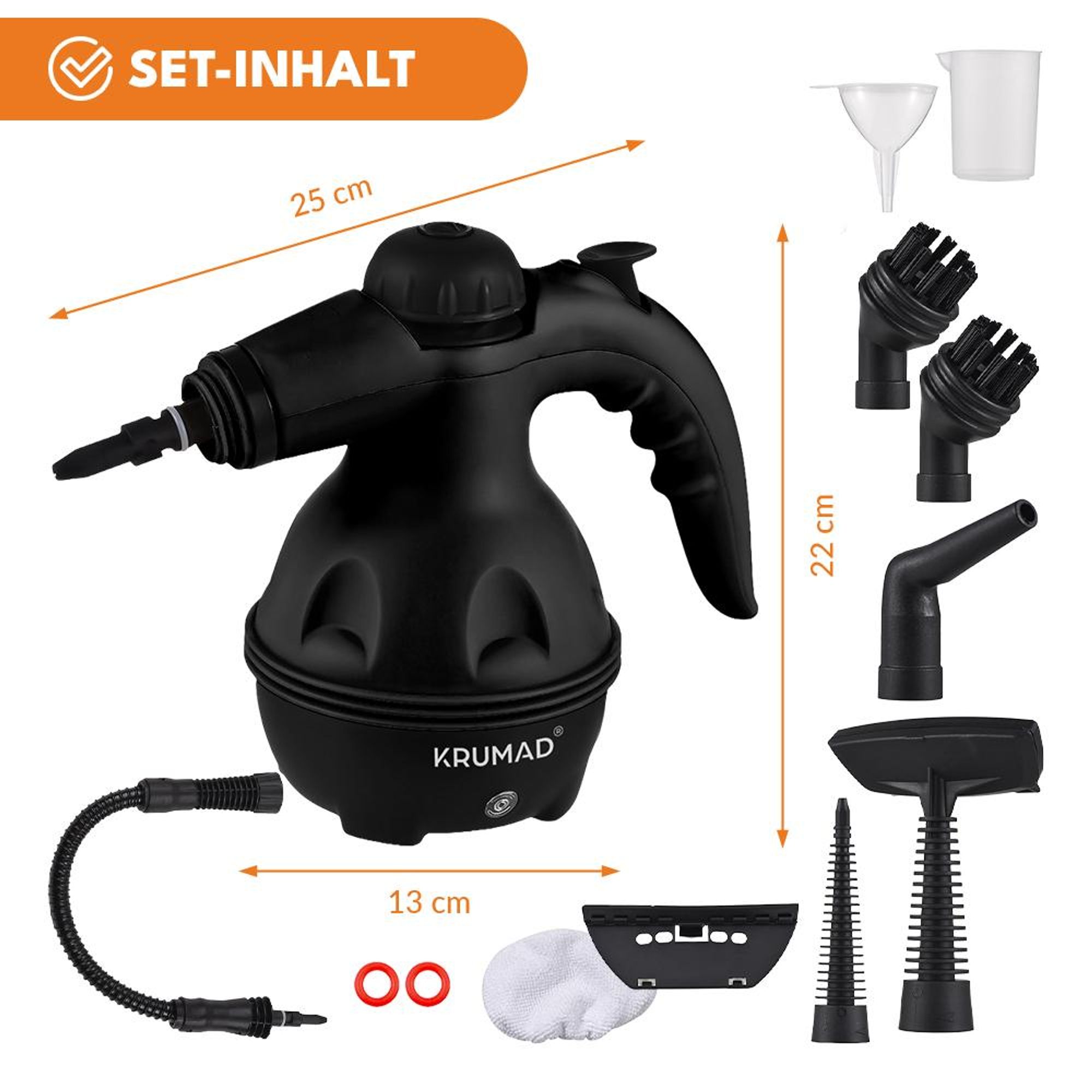 KRUMAD Hand-Dampfreiniger 1000 W – 13-teiliges Set mit Bürste, kompakter Dampfreiniger für Küche, Bad, Fenster, Fugen & Polster