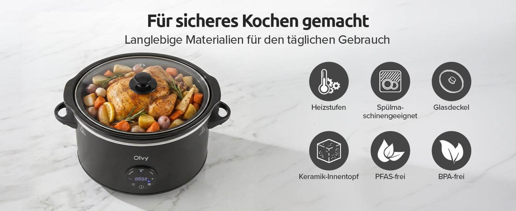 Olvy Digitaler Slow Cooker mit Timer – 6 Liter – Keramik-Innentopf – inkl. Slow-Cooker-Kochbuch