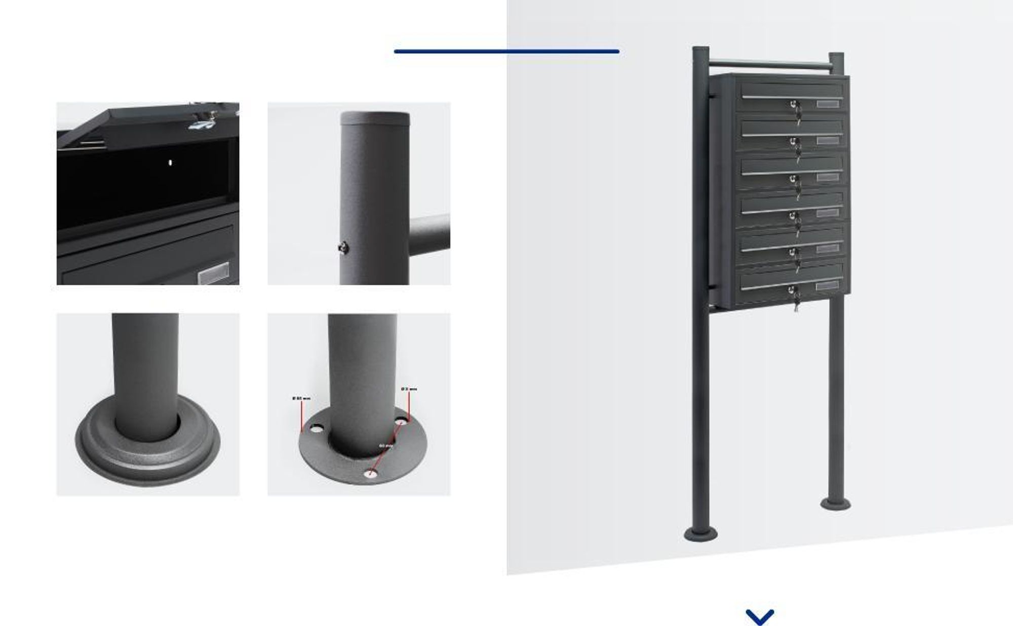 Wiltec 6er Briefkastenanlage Anthrazit 556 x 270 x 1500 mm, Standbriefkasten mit 6 Fächern, Schlüssel und Namensschild, Briefkasten Postkasten mit Ständer