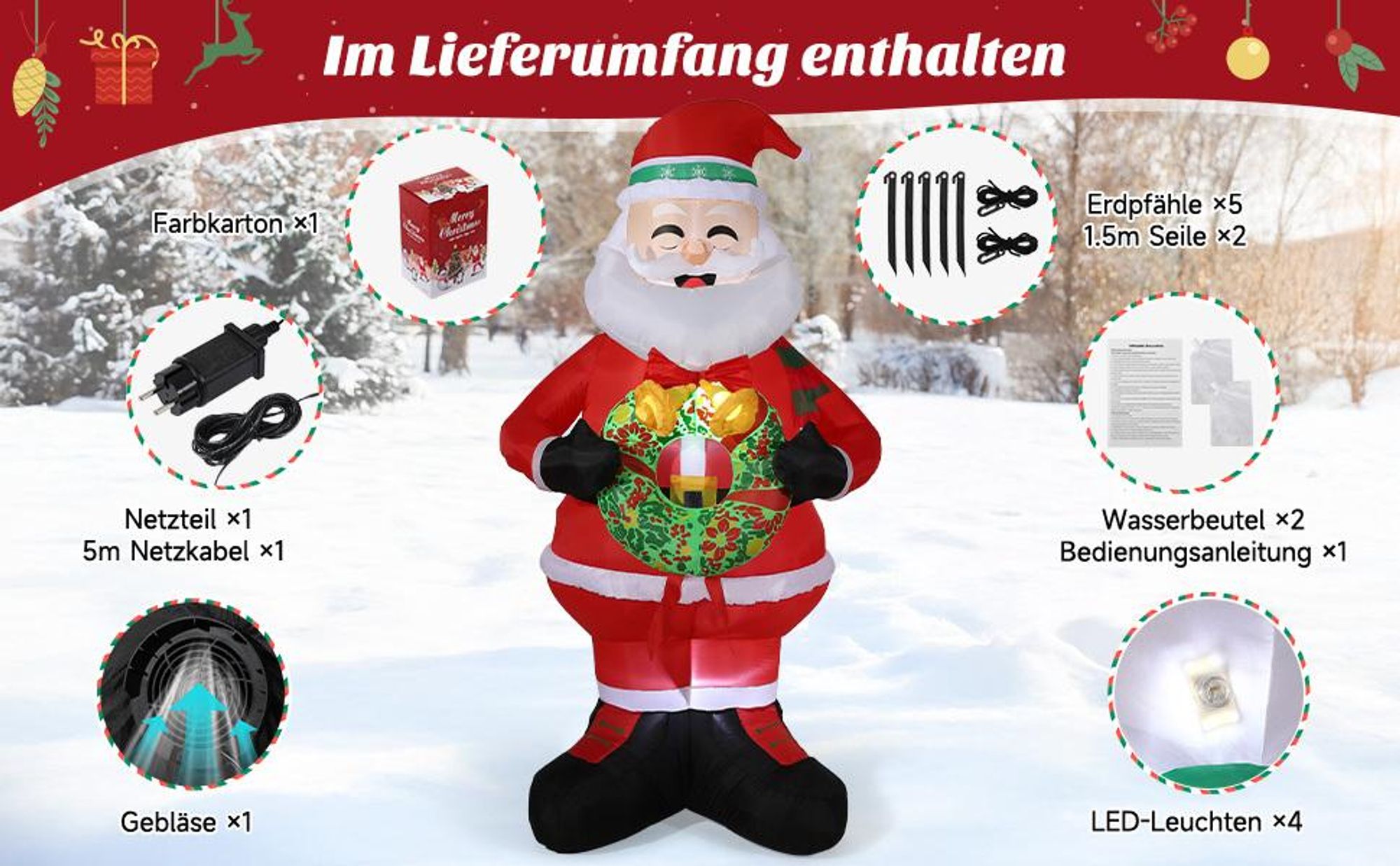 Aufblasbarer Weihnachtsmann 150cm mit Kranz LED Beleuchtung IP44 Außen Weihnachtsdeko Santa Nikolaus Weihnachtsfigur Garten Deko Christmas
