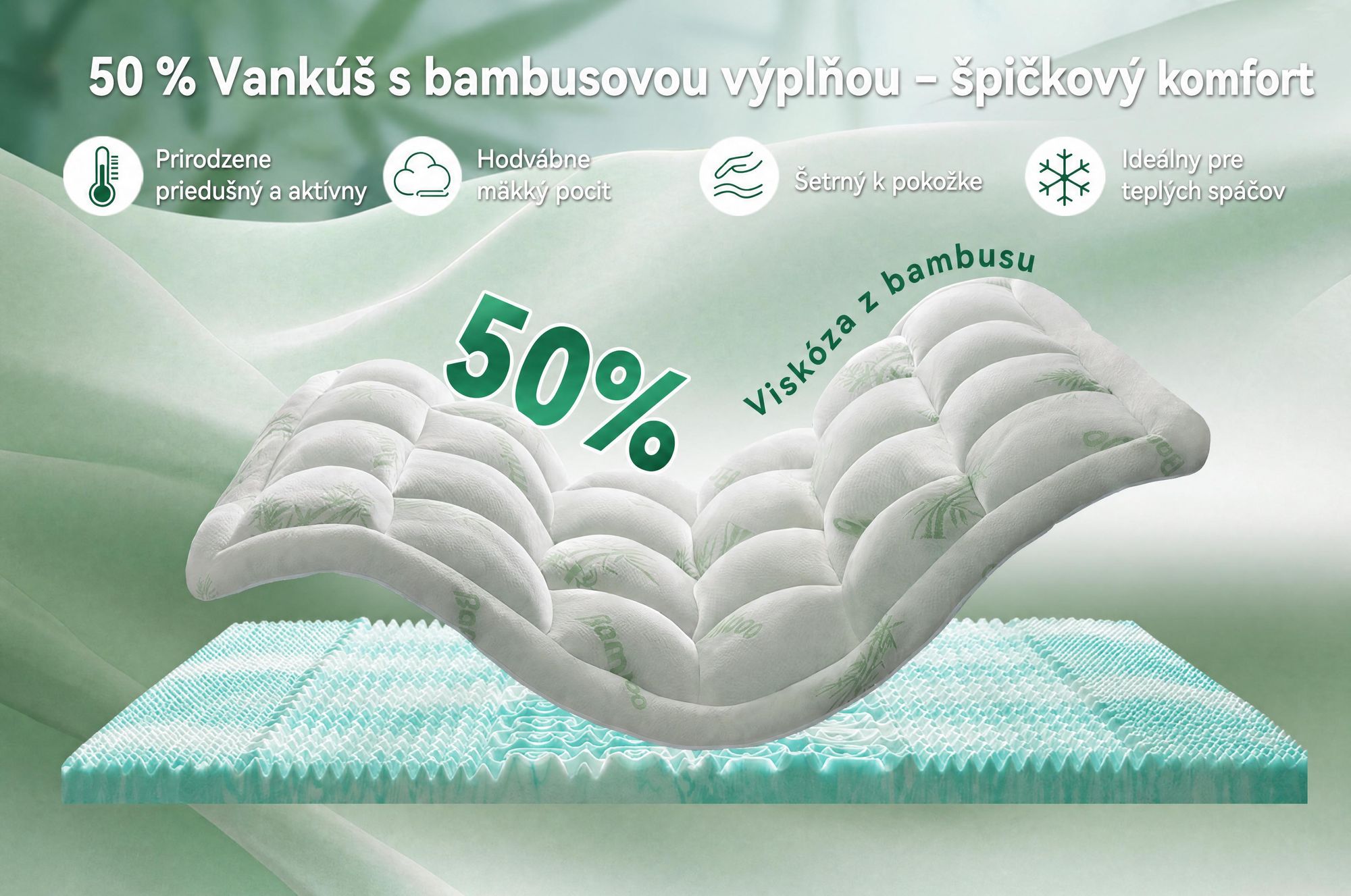 NicePlus, vrchná matrace 2 v 1, 90x200x7 cm, 5-zónová pamäťová pena + vrchná vrstva z bambusu, s rohovými gumičkami vhodná pre všetky matrace, tvrdosť H2/H3, zelená