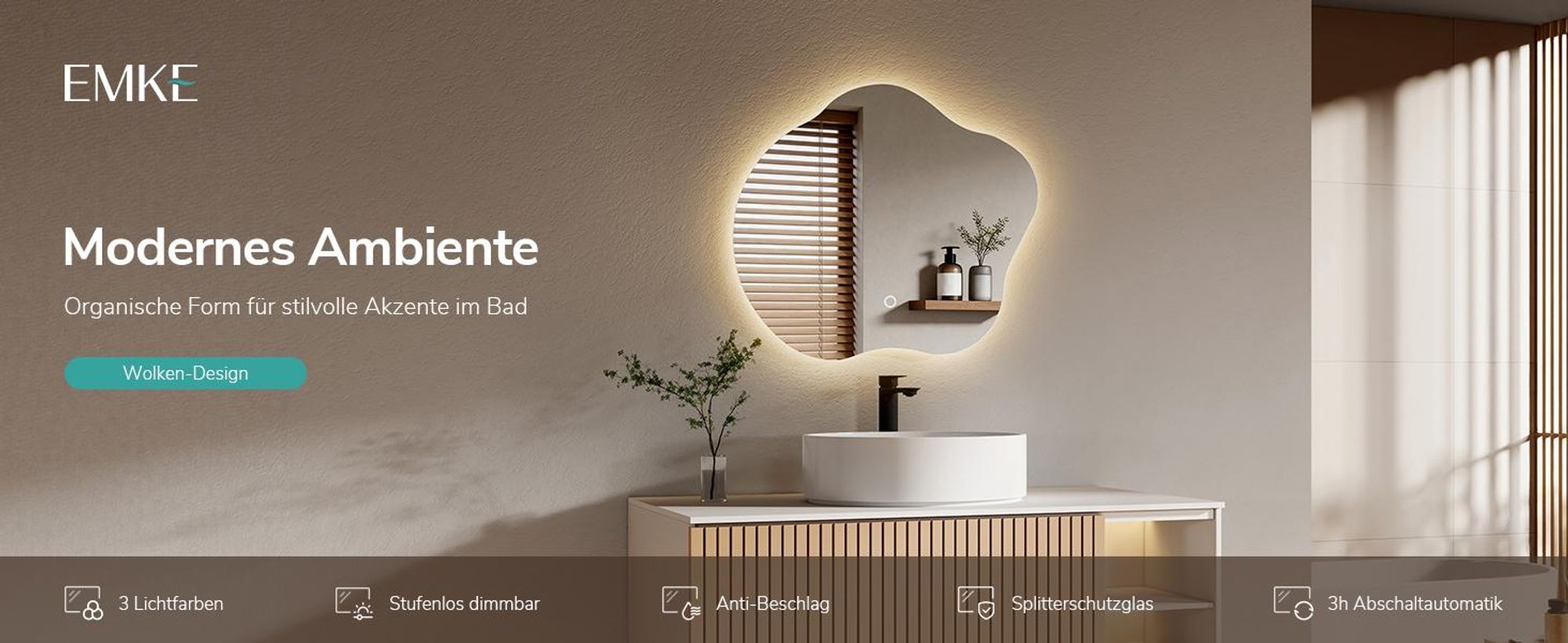 EMKE LED Badspiegel 50 x 45  cm - Beschlagfrei - 3 Lichtfarben Dimmbar - Touch Schalter - Organische Form Badezimmerspiegel mit Beleuchtung