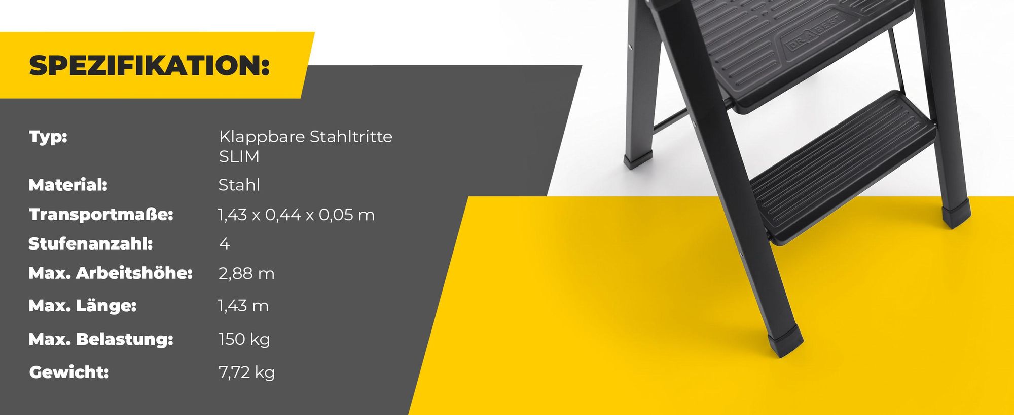 Drabest | Haushaltsleiter - Slim - Stahlleiter - Werkstattleiter - Schwarz - 4-stufig - Klappbar - Max. Tragkraft 150 Kg - Arbeitshöhe 2,88 M