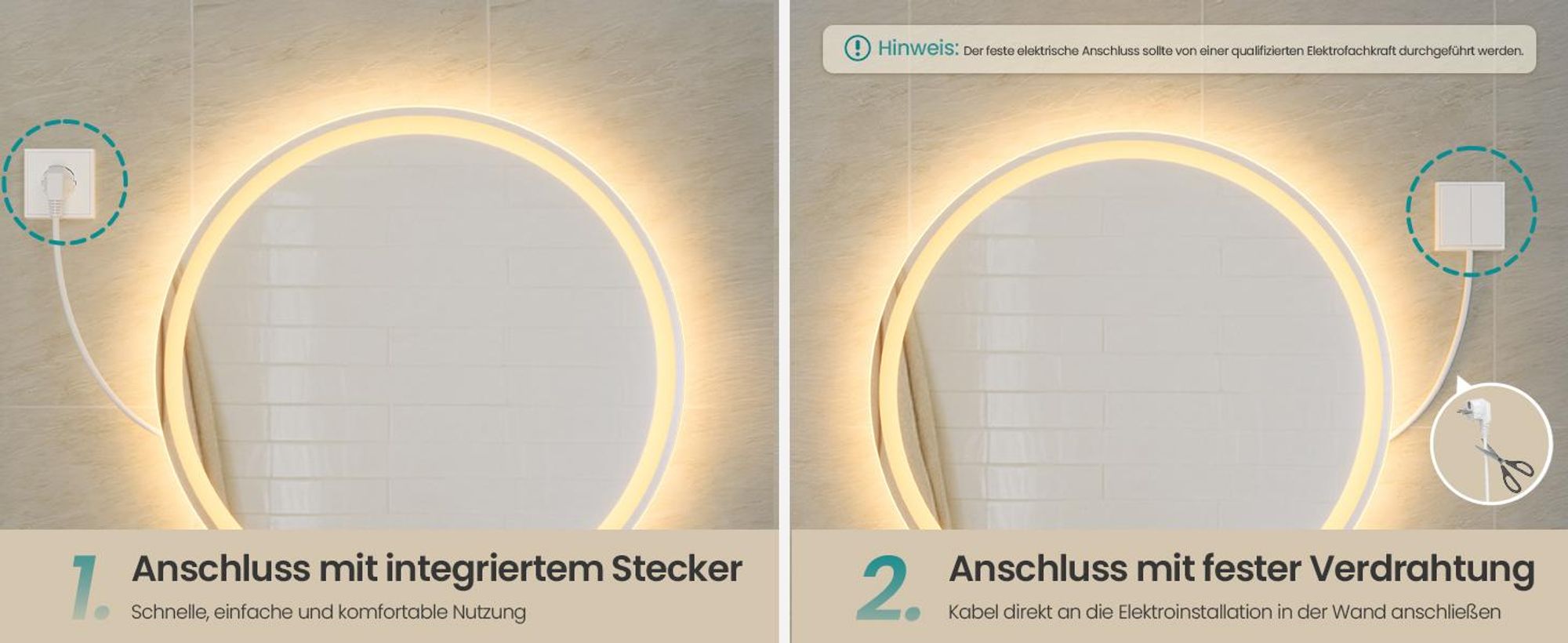 SONGMICS Runder Badspiegel, LED Wandspiegel, Badezimmerspiegel einstellbarer Helligkeit, für Schlafzimmer, 51 cm, weiß