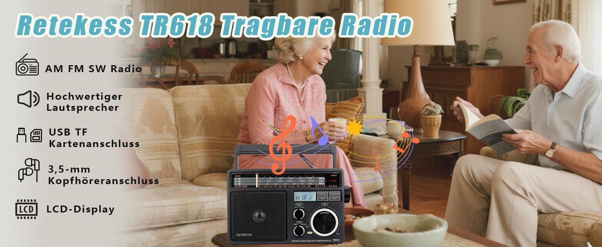 Retekess TR618 Radio Batteriebetrieben, Tragbares Radio, AM FM SW, USB SD TF, 3,5-mm-Kopfhörerbuchse, Kofferradio für Senioren, Küche
