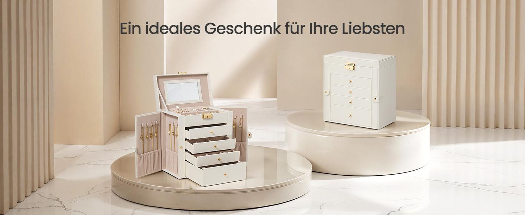 SONGMICS Schmuckbox mit 5 Ebenen, Schmuckkasten, mit Innenspiegel, abschließbar, weiß