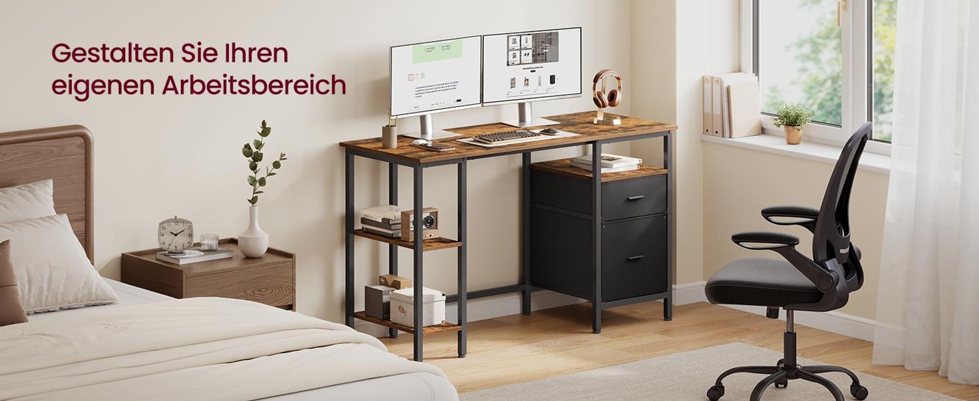 VASAGLE Schreibtisch mit 3 Ablagen, Bürotisch mit 2 Schubladen, 127 x 50 x 76 cm, moderner Stil, braun-schwarz