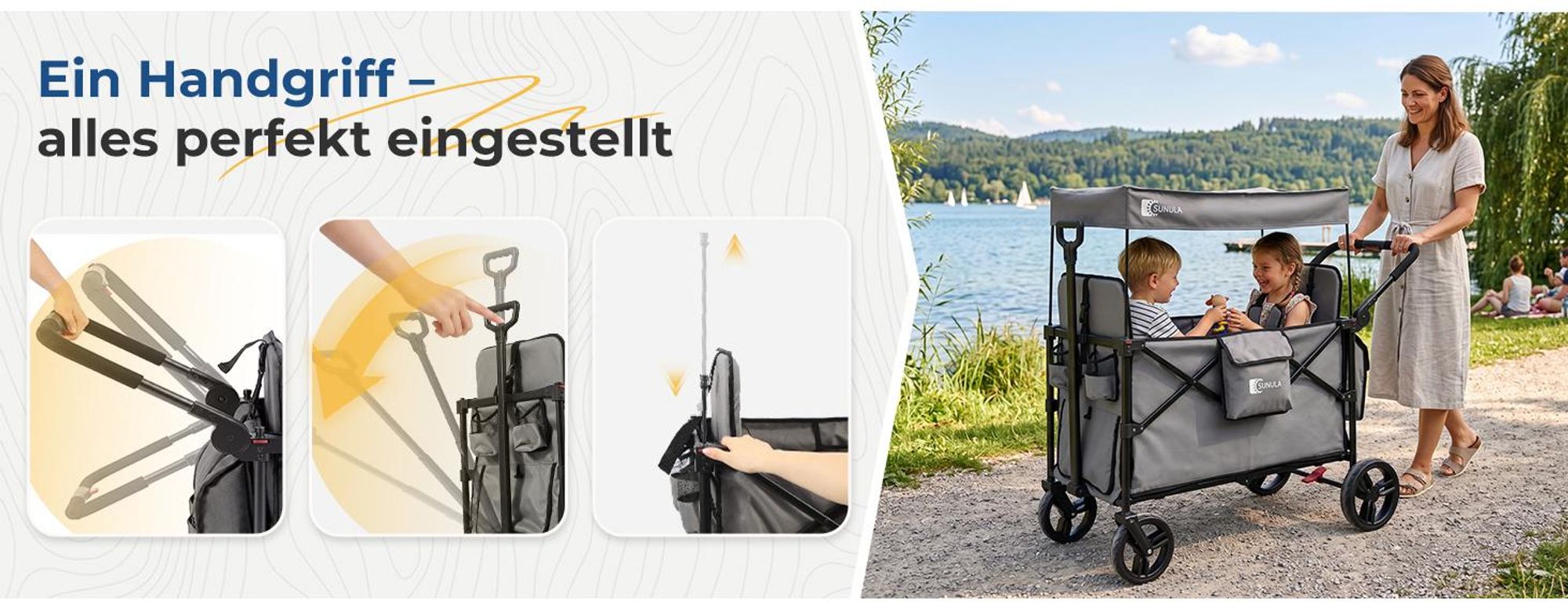 Sekey Faltbar Bollerwagen mit Dach, für 1 bis 2 Kinder, Schiebe- und Zieh Funktion, mit XXL-Rädern (25/20 cm) und 5-Punkt-Gurtsystem, Grau