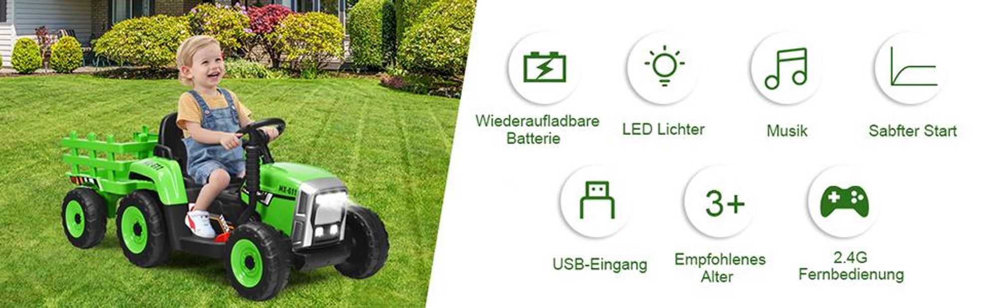 COSTWAY 12V 3-Gang 3-8KM/H Kinder Elektroauto Traktor mit abnehmbarem Anhänger, 2,4-GHz-Fernbedienung, LED Lichtern, Musik&USB, für Kinder 3+ Grün