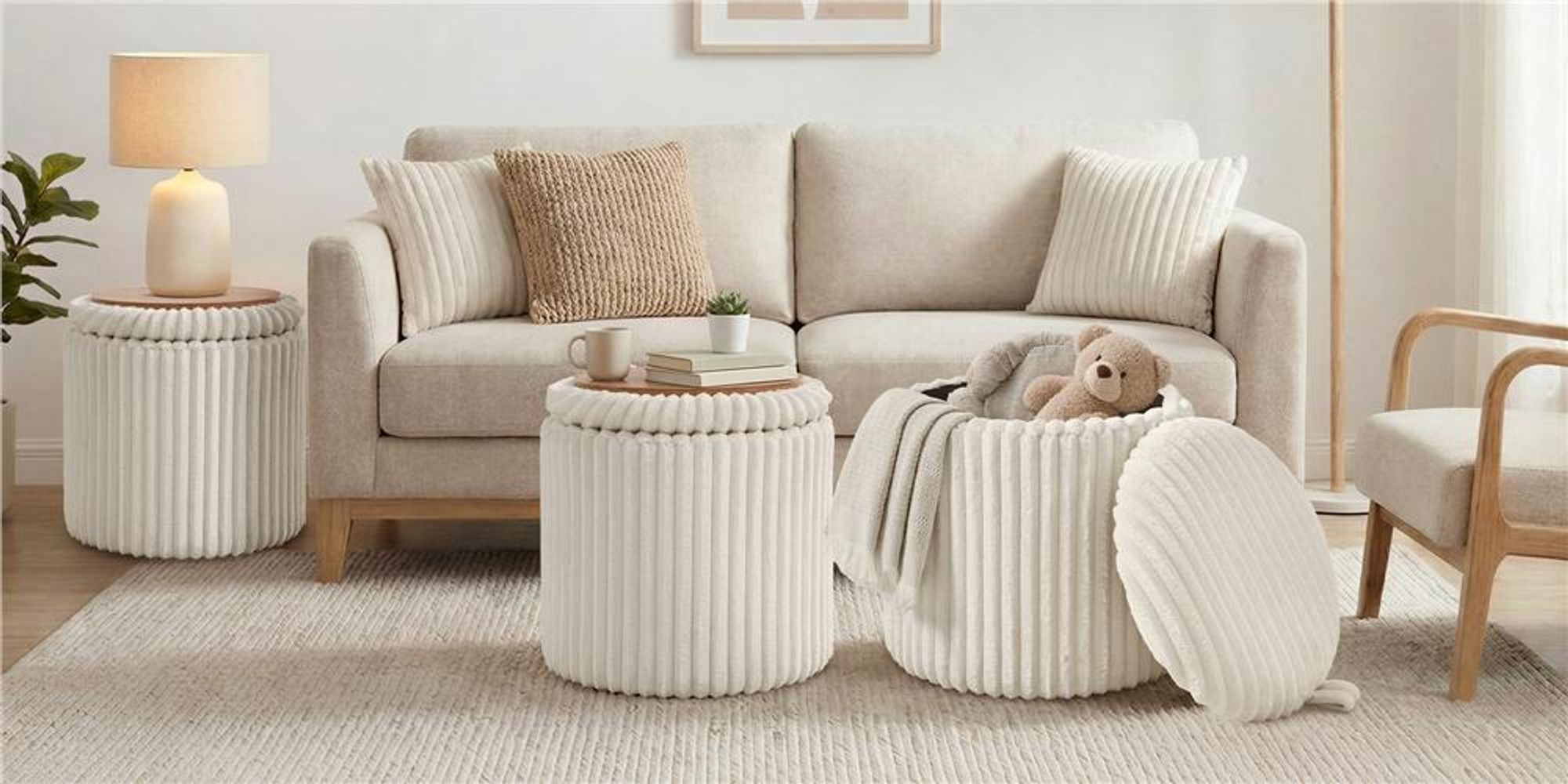 Yaheetech runder Hocker mit 35L Stauraum, Cordstoff, ∅43 x 45 cm, mit wendbarem 2-in-1-Deckel, bis 136 kg, Beige
