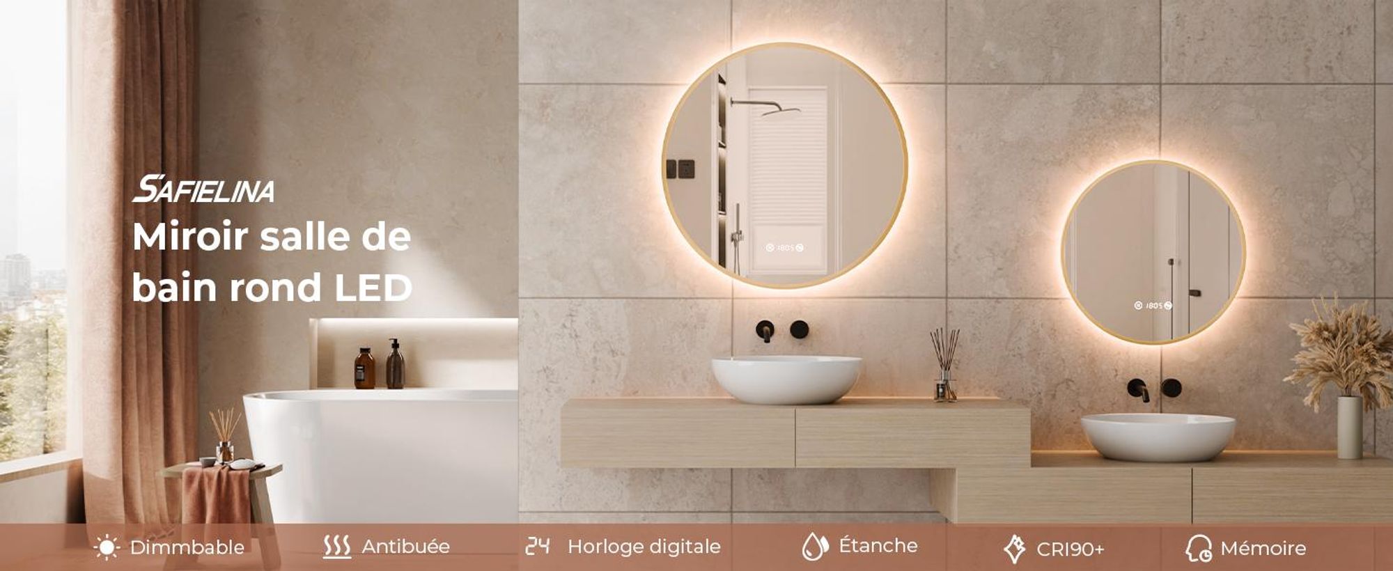 S'AFIELINA miroir salle de bain LED 60 cm rond, tactile, anti-buée, variateur, horloge, température, mémoire, bordure dorée.