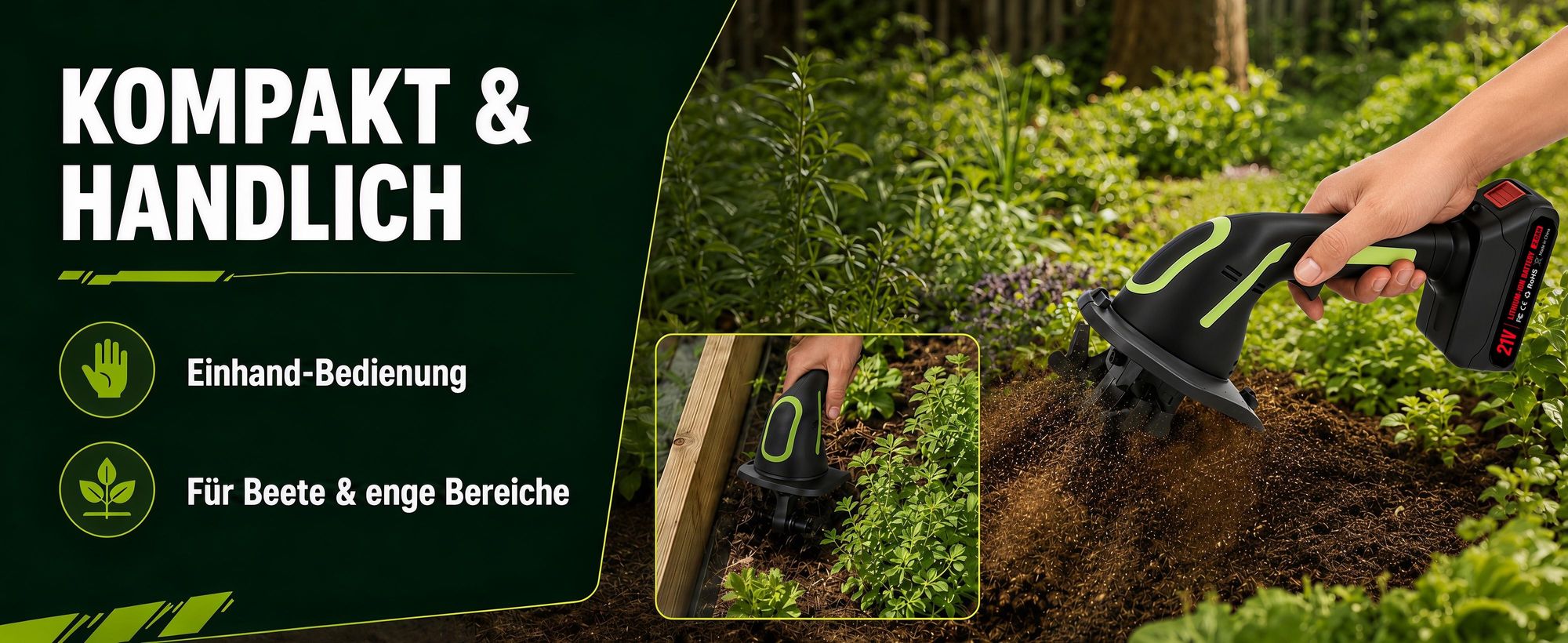 2-in-1 Akku-Bodenfräse, 100mm, elektrische Gartenfräse Mit 2 Stangen, 235 U/min, batteriebetriebener Rototiller für Gartenarbeit, 2 Akku und Ladegerät