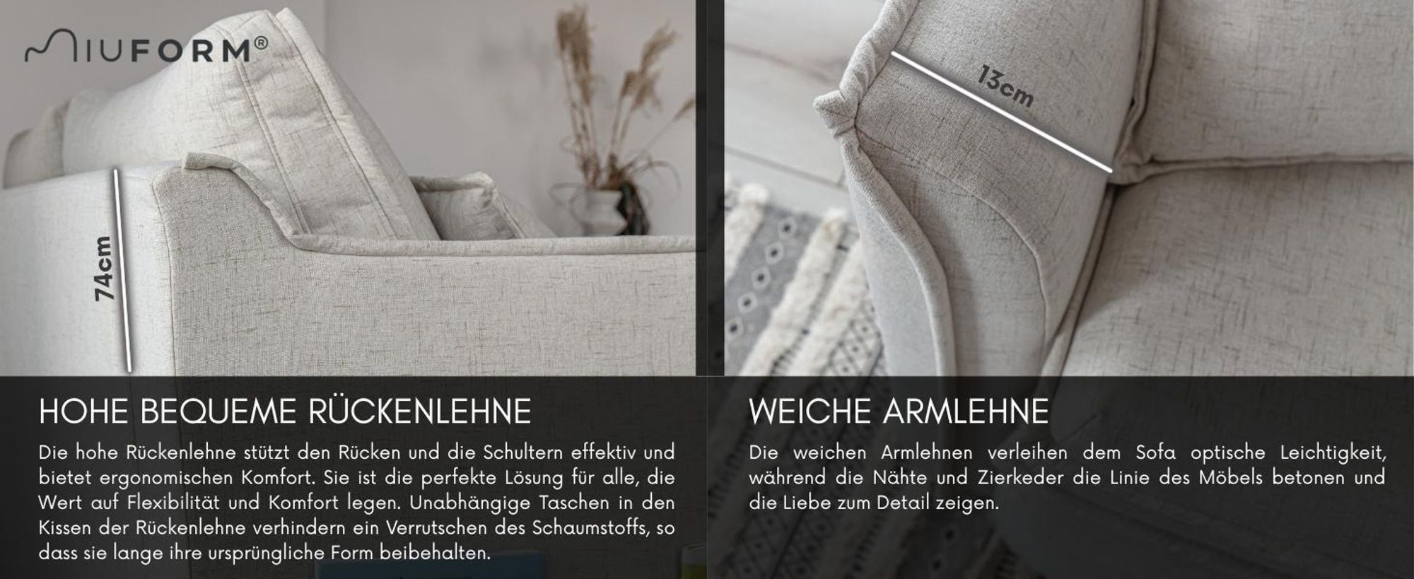 MIUFORM Charming Charlie Slim - Sofa mit Bettfunktion und Bettkasten - 225x90cm - Beige - 3-Sitzer Schlafsofa